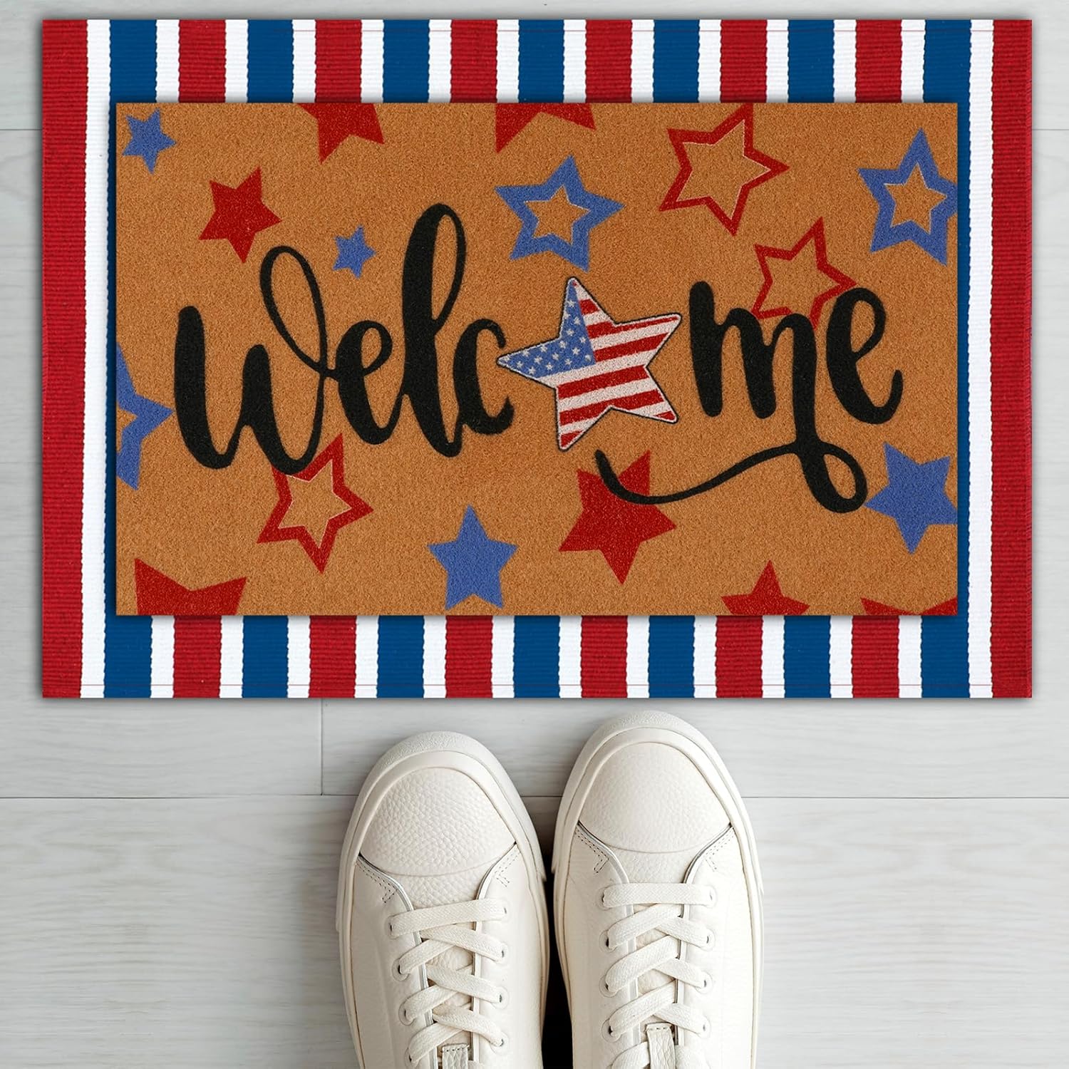 Honoson 2 Pcs Patriotic Doormat Set, 4th of July 250th Anniversary Red White Blue Stripe USA Cotton Welcome Rug, Non-Slip Independence Day Memorial Day Front Porch Entrance Decor