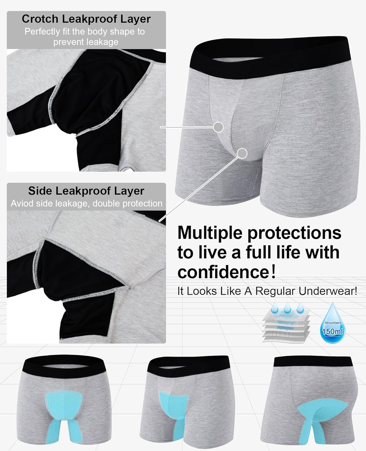Washable Incontinence Underwear for Men, Leak Proof Underwear Bladder Control Protective Boxer Briefs High Absorbency - Image 3
