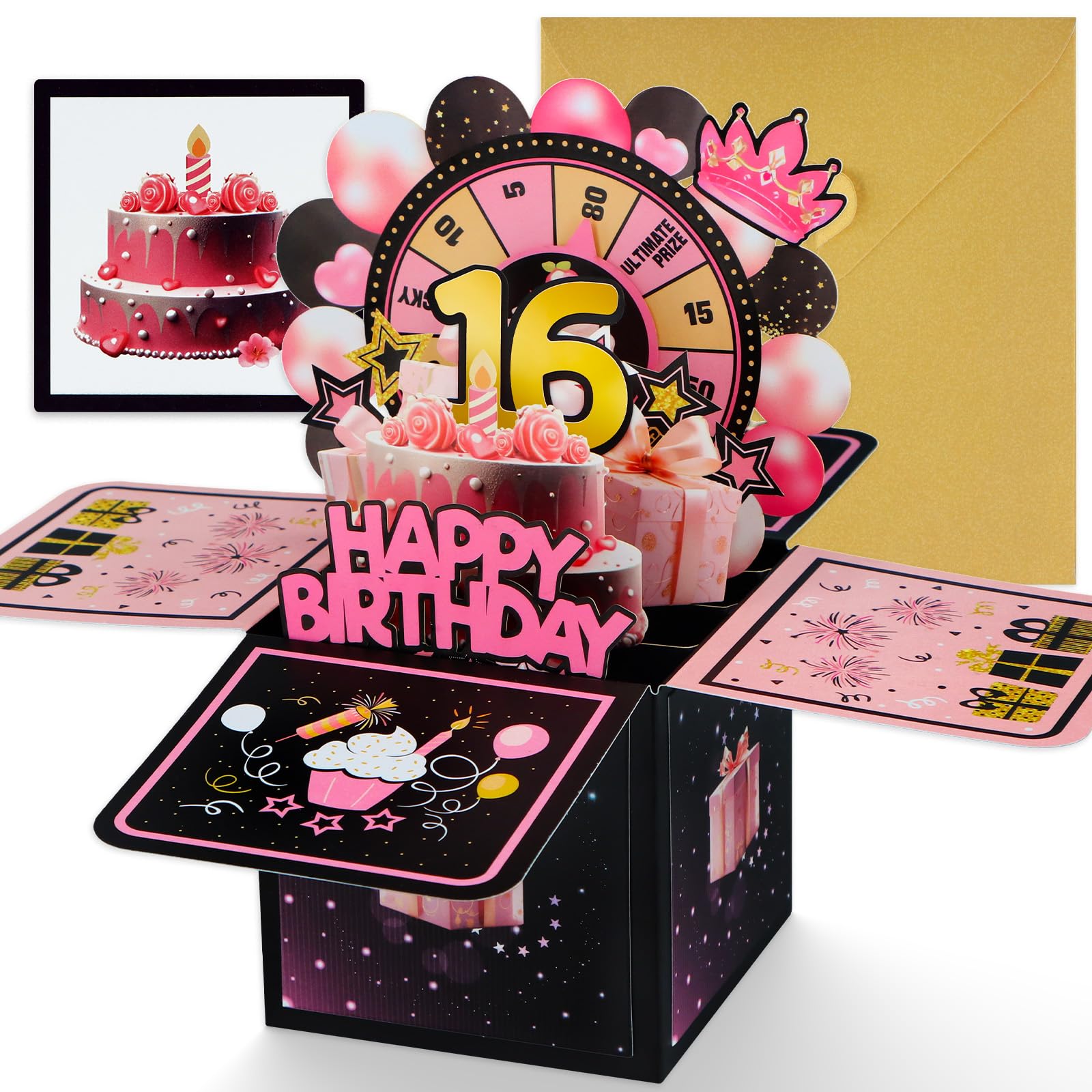 DISJOURNEY 16th Birthday Card - Pop Up Happy Birthday Card - 3D Funny Birthday Gift Greeting Card with Envelope and Blank Card for Girls Boys