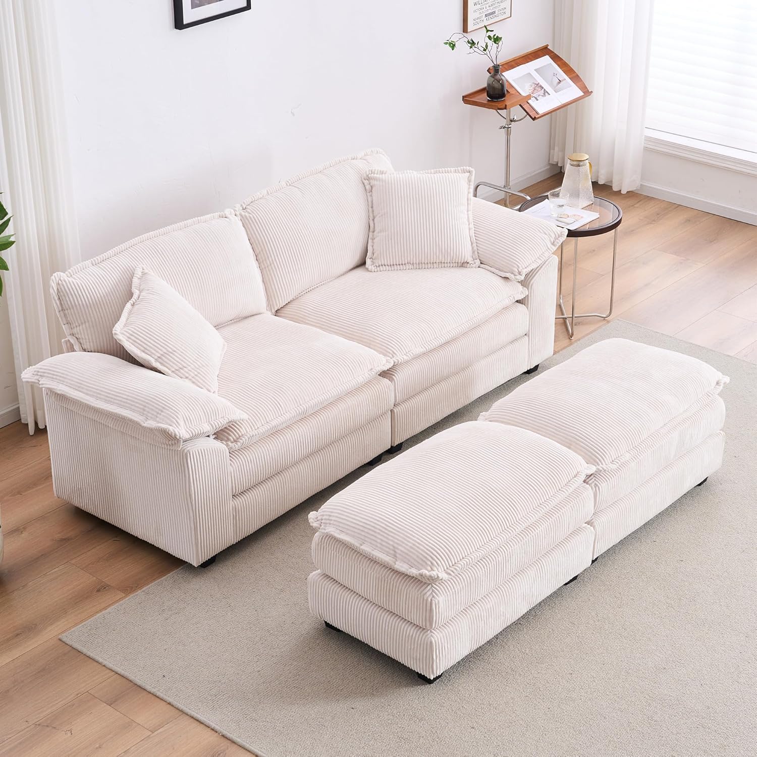 Aoowow Corduroy Loveseat Sofa Couch with Ottomans,Modular Sectional 2 Seater Sofa with Deep Seat,Modern Cloud Sofas with Throw Pillows for Living Room (Off White, Loveseat with Ottoman)