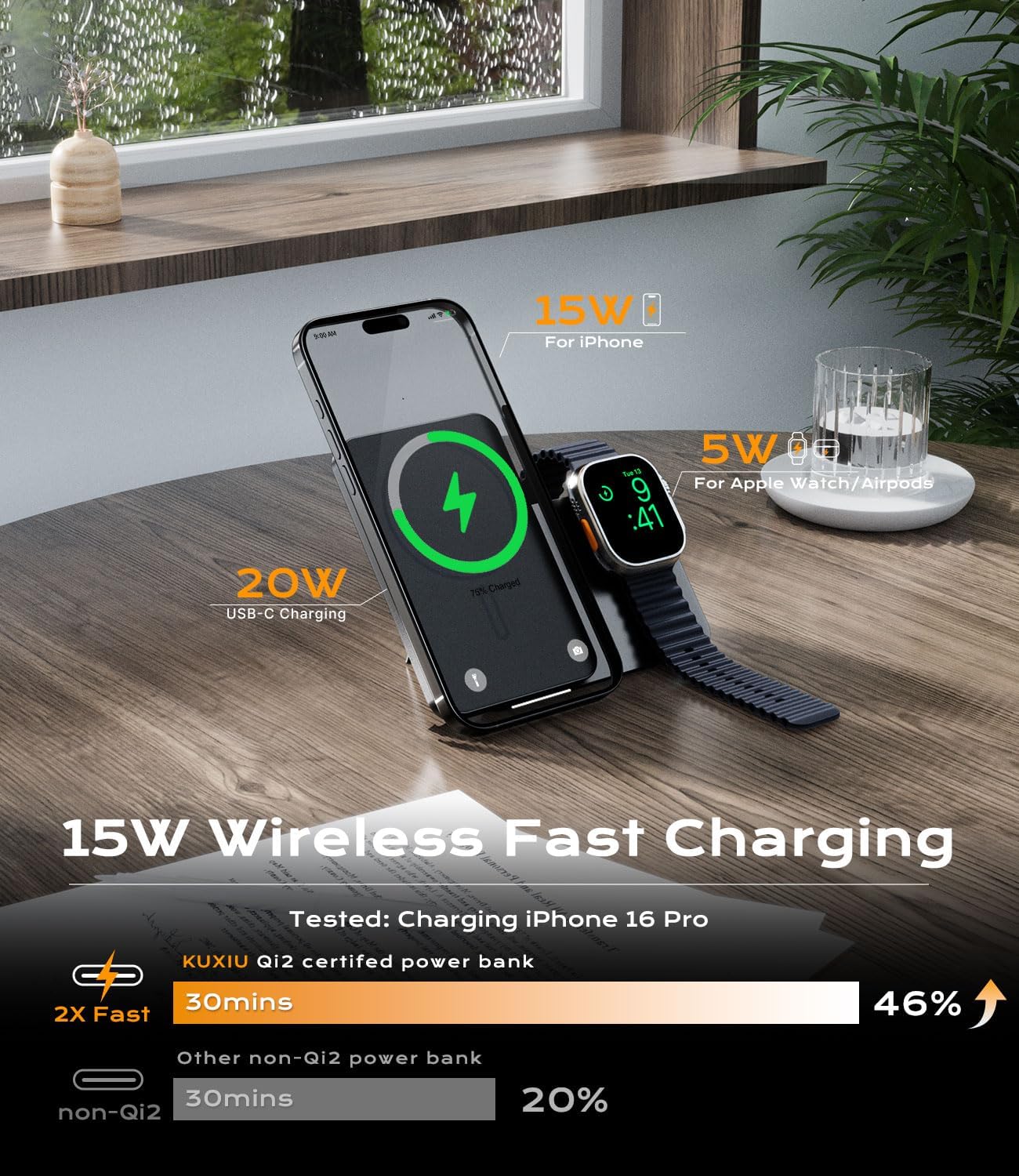 KU XIU K2 charging iPhone and Apple Watch simultaneously