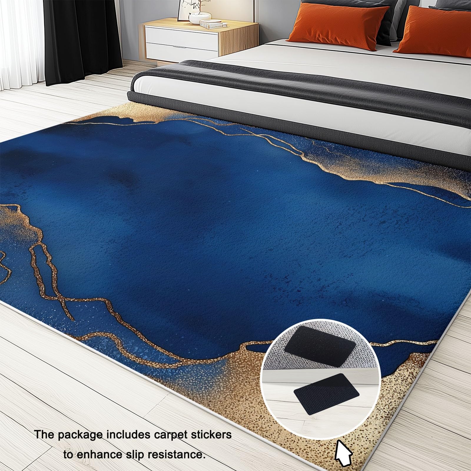 Tapis de Salon 140 x 200 cm – Antidérapant, Doux et Épais Lavable en Machine, Motif Bordure Dorée Abstraite – Tapis de Sol pour Chambre, Salle de Séjour, Bleu