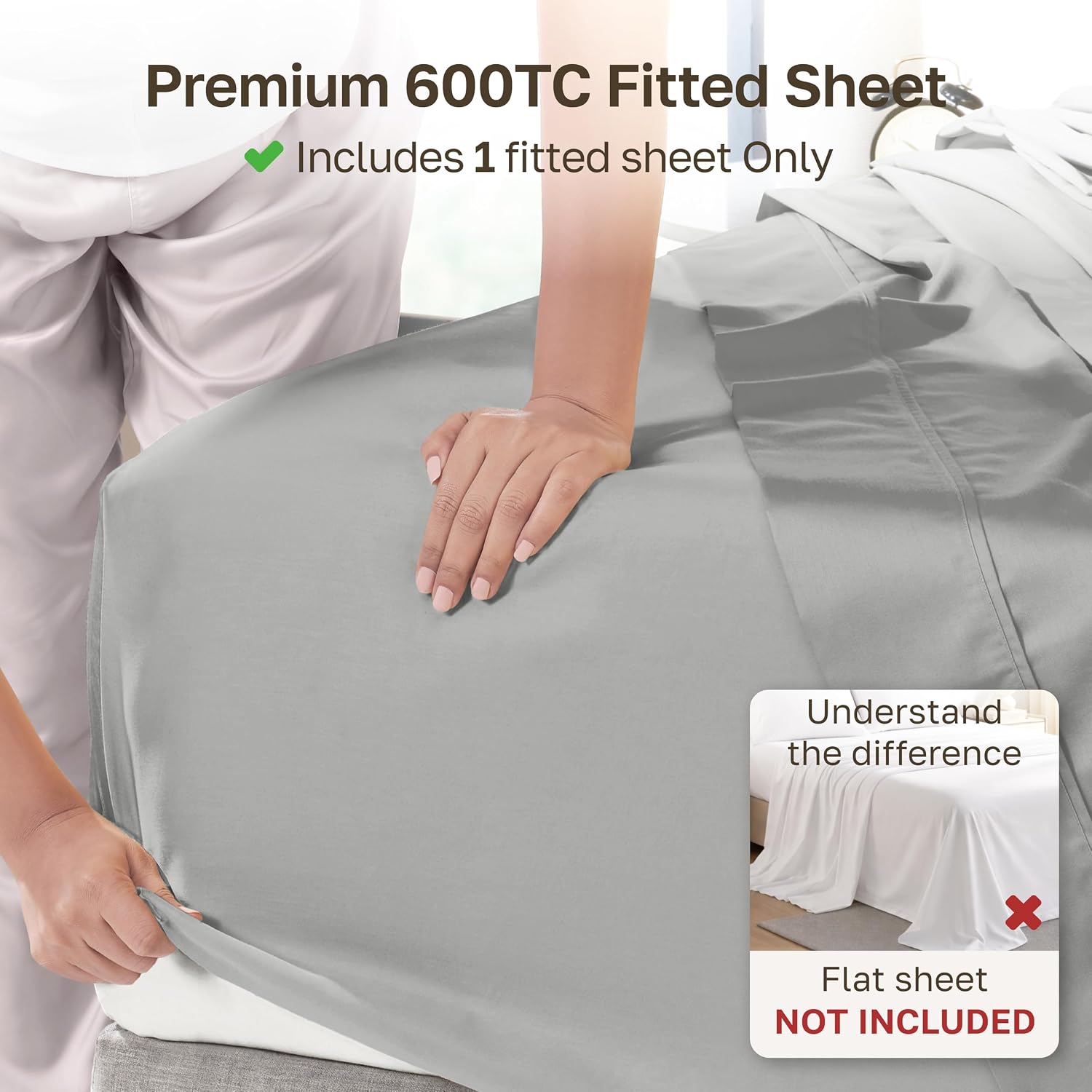 California Design Den 600 Thread Count Queen Size Fitted Sheet, Light Grey image 2