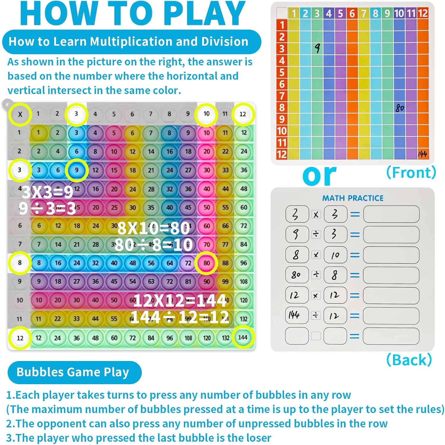 12x12 Multiplication Chart Press Bubble Sensory Toy, Fidget Educational Math Learning Tool for Kids, Stress Relief, Help Children Learn Times Tables Easily, Suitable for School or Home