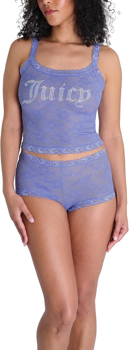 Women's 2 Piece Lace Cami & Short Set, Sexy Sheer Lingerie Set with Rhinestones