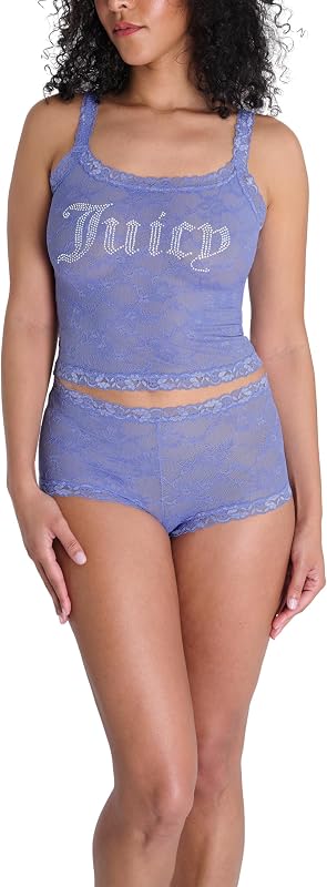 Women's 2 Piece Lace Cami & Short Set, Sexy Sheer Lingerie Set with Rhinestones