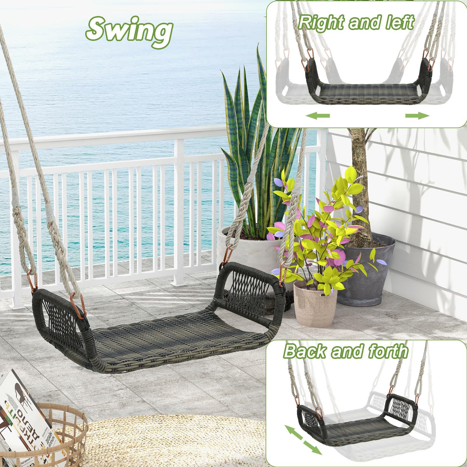 LIFEZEAL Outdoor Schaukel, hängeschaukel aus PE-Rattan & Metall, Hängesitz mit Armlehnen, Gartenschaukel mit 2 Seilen für Veranda, Baum, bis zu 180 kg