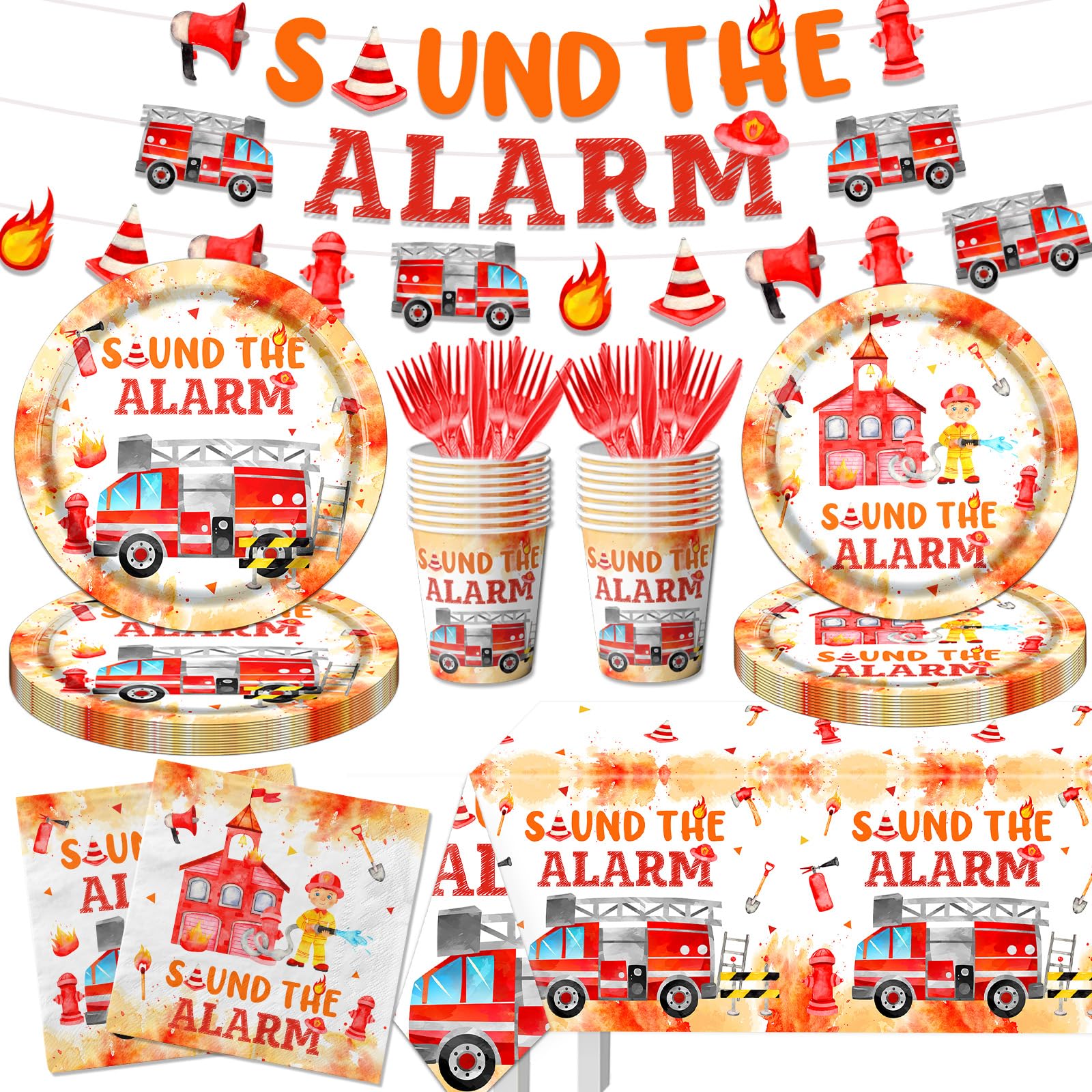 Firefighter Birthday Party Decorations, Firetruck Birthday Decorations 142pcs Tableware Set Include Plates,Napkins,Cups,Banner,Sound The Alarm