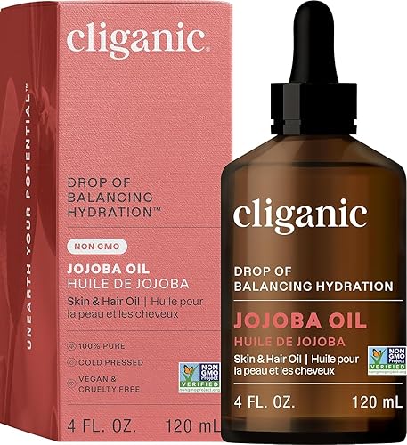 Cliganic Aceite de jojoba sin OMG para piel, cabello y cara (4 onzas)  100% puro, natural prensado en frío sin refinar sin hexano