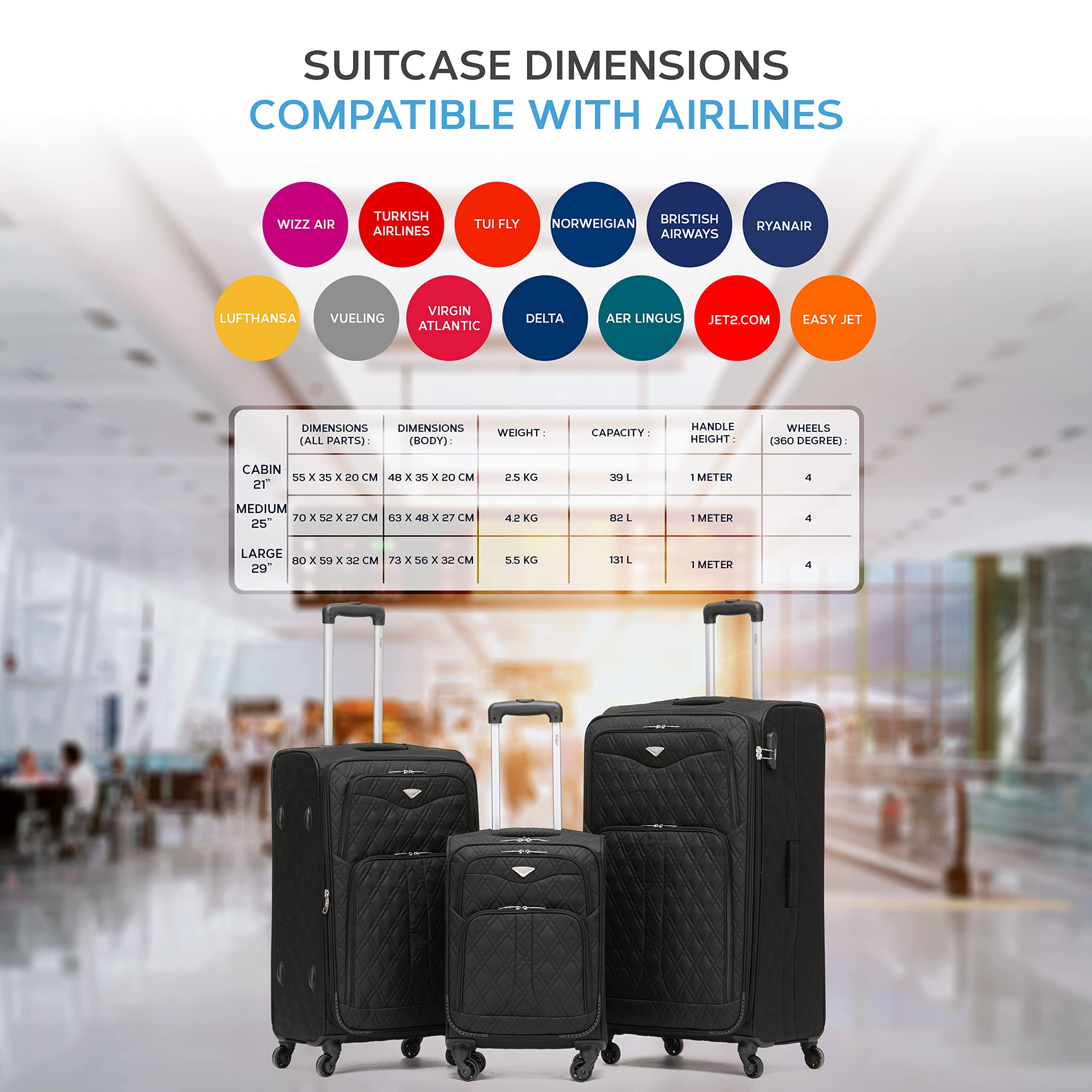 Flight Knight Lightweight 4 Wheel 800D Soft Case Quilted Suitcases Anti Crack Cabin & Hold Luggage Options Approved for Over 100 Airlines Including easyJet, BA & Many More!