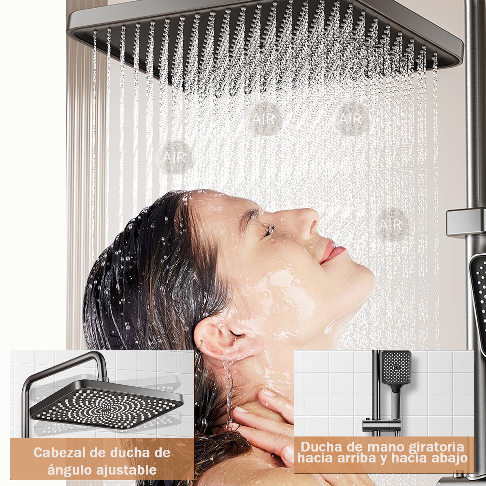 Columna de Ducha 4 en 1 con Pantalla LED Digital, Sistema de Ducha con Lluvia XL, Cascada, Ducha de Mano, Grifo, Altura Ajustable, Sin Electricidad, Luz LED Azul Ideal para Baño Familiar Moderno