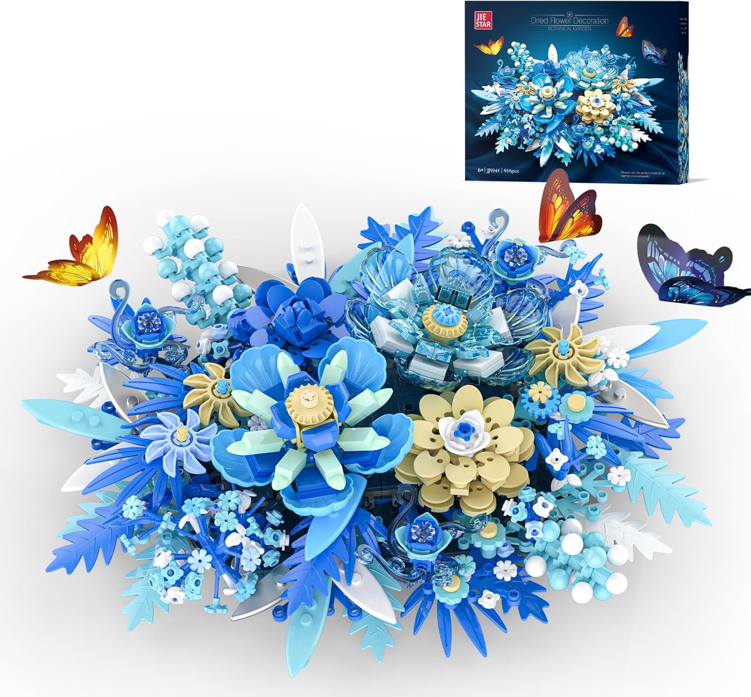 Blue Flowers Bouquet Building Sets, Artificial Flower Botanical Collection, Home Decor Office Wall Art Plant Decoration, Building Toys Gifts for Adults Women and Kids Girls Age 8-12 (917 PCS)