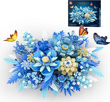 Blue Flowers Bouquet Building Sets, Artificial Flower Botanical Collection, Home Decor Office Wall Art Plant Decoration, Building Toys Gifts for Adults Women and Kids Girls Age 8-12 917 PCS