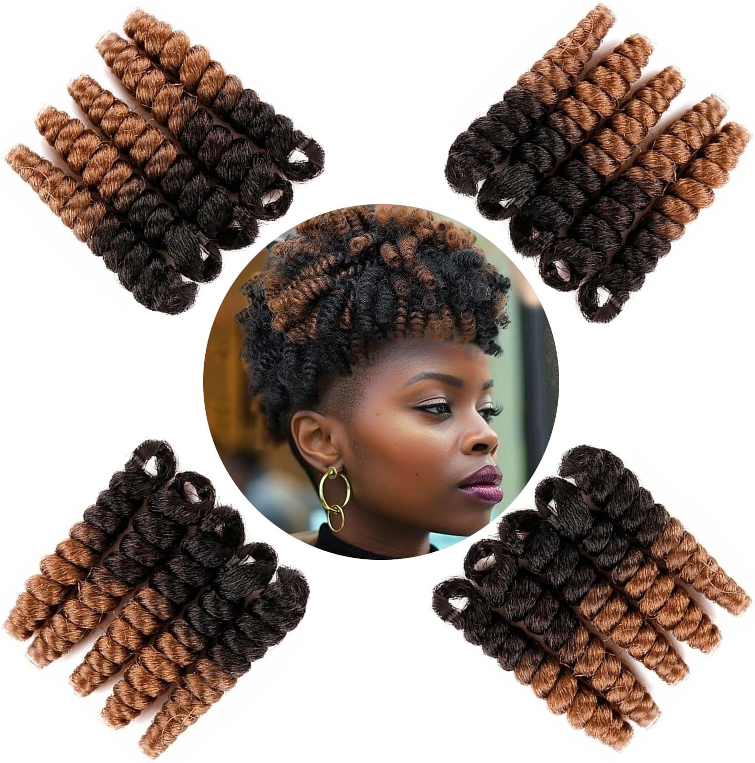 QUEENTASCrochet Hair for Black Women 3 Packs 10inches 6MM Small Brown Short Crochet Synthetic Prelooped Braids Hair Extensions Afro Passion Twist Hair Jerry Curl (Natural Black/Blonde)
