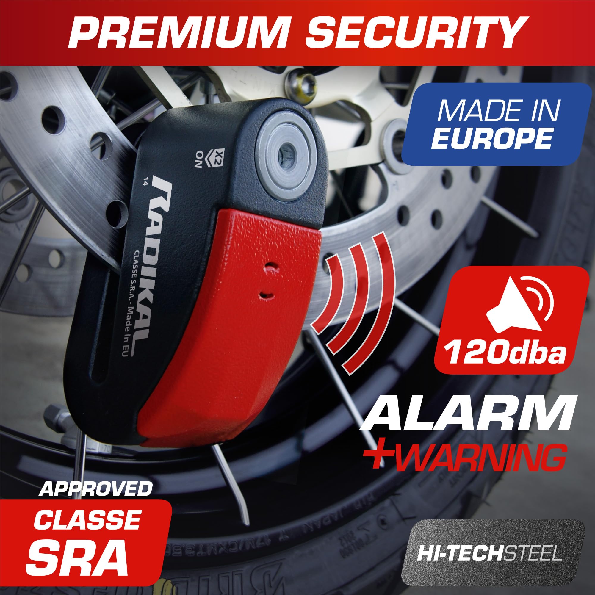 RADIKAL Blokada Anty-kradzieżowa Motocykla RK15 | Alarm 120dB, SRA Wysokie Zabezpieczenie | Funkcja WARNING Anti-Zapomnienie | Blokada Tarczy Stal Cementowana 14mm, Podwójne Ryglowanie, Kontrolka LED.