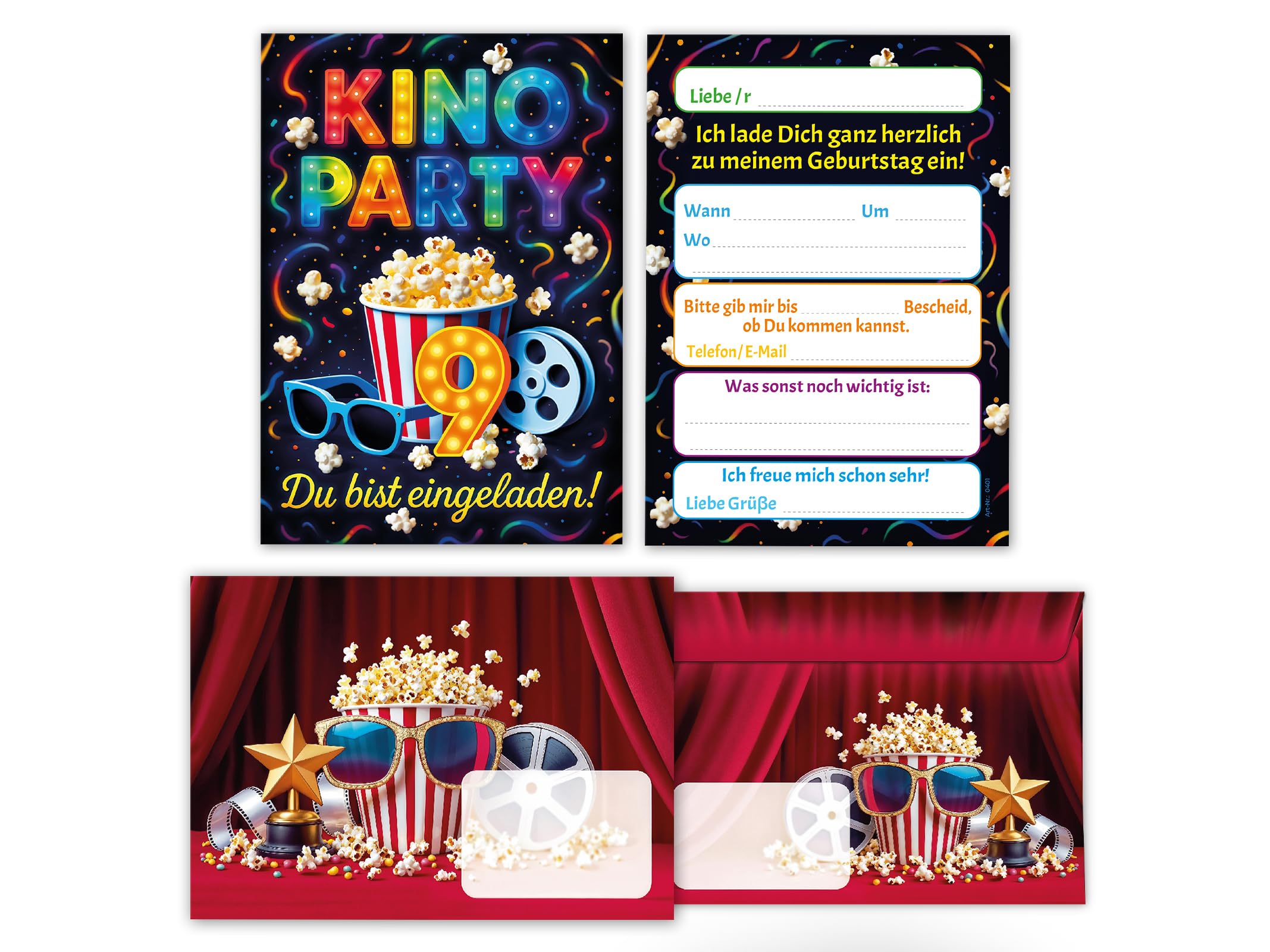 Junaversum 12 Einladungskarten inkl. 12 Umschläge zum 9. Kindergeburtstag Kino Party Mädchen Jungen bunt coole bunte Einladungen neunte Geburtstag Geburtstagseinladungen Kids