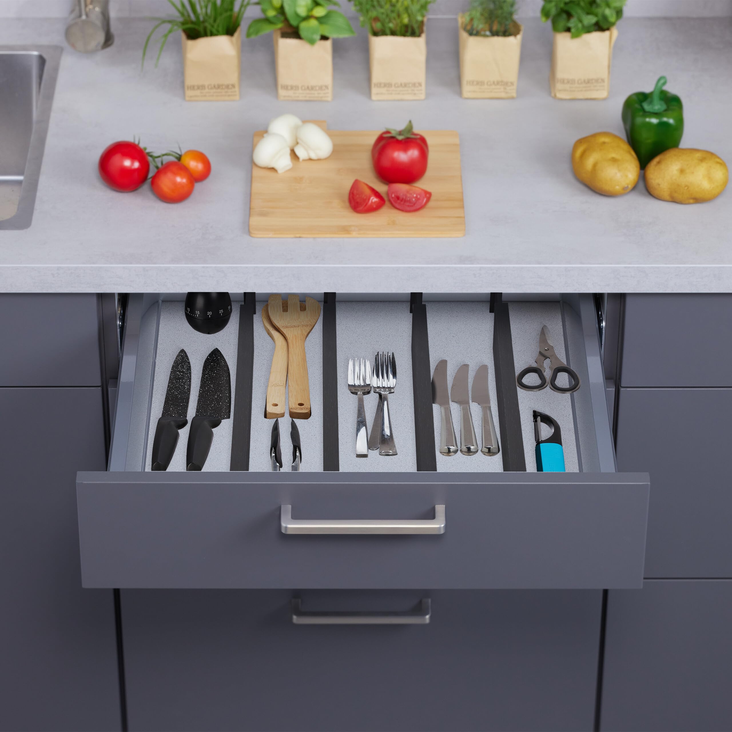 Relaxdays Divisori da Cassetto, Set da 4 Separatori da Cucina, Organizer Lunghezza Regolabile 46-56 cm, Nero