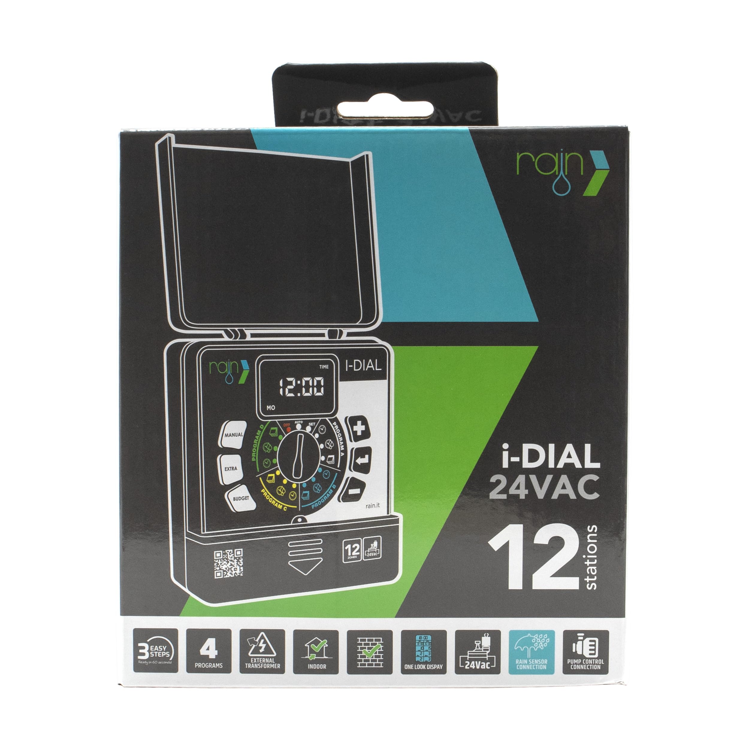 Centralina Irrigazione 4 zone per interno | Programmatore Indoor Rain I-Dial 24 VAC | Trasformatore esterno 220 Schermo retroilluminato | Impianto di irrigazione automatico per elettrovalvole