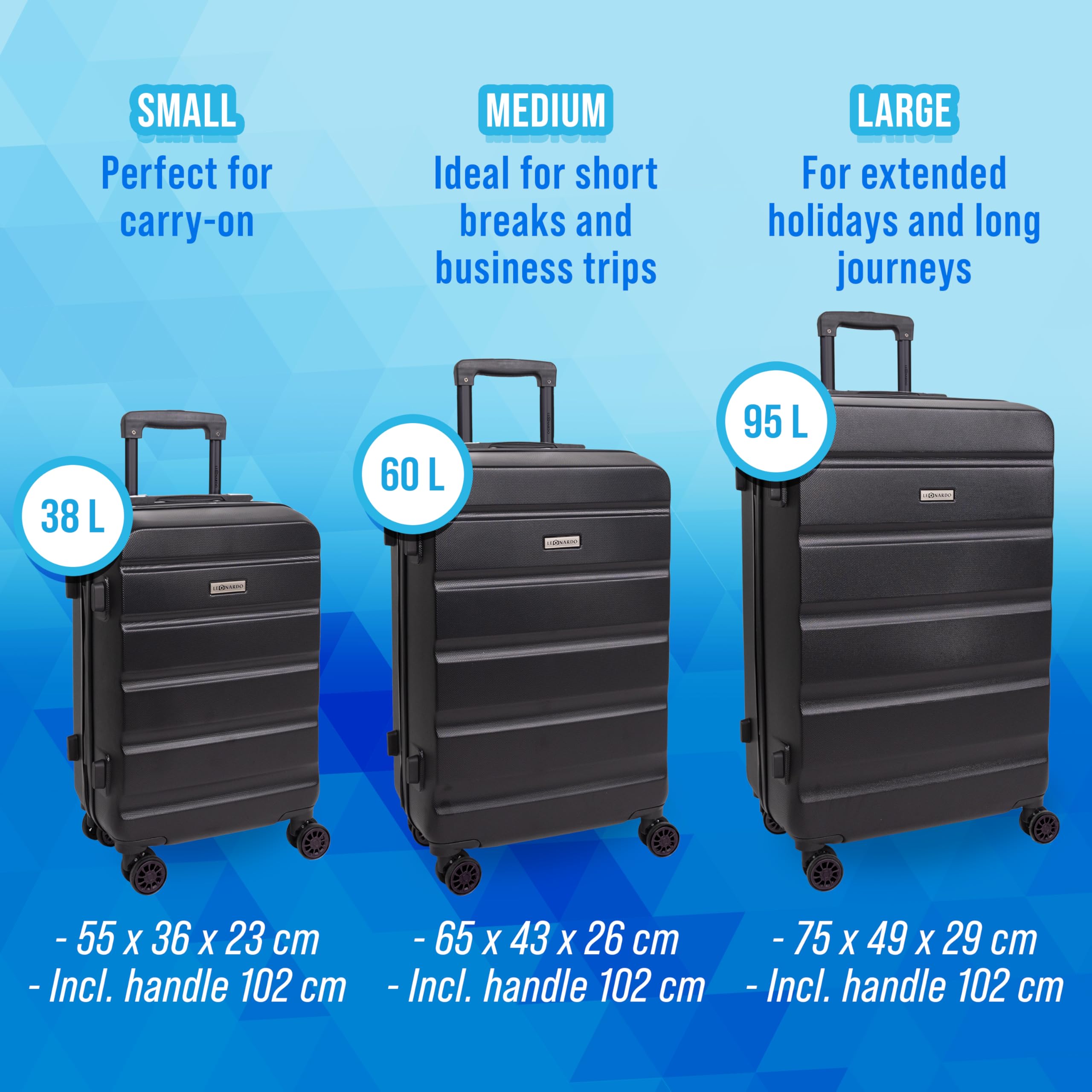 Leonardo® Bagage Grande Taille de Voyage | Valigia con Chiusura TSA | Valigia da Viaggio | Borsa da Viaggio con 4 Ruote Doppie | Bagaglio a Mano | Trolley | Valigia Rigida | Set S-M-L | Venezia | Nero