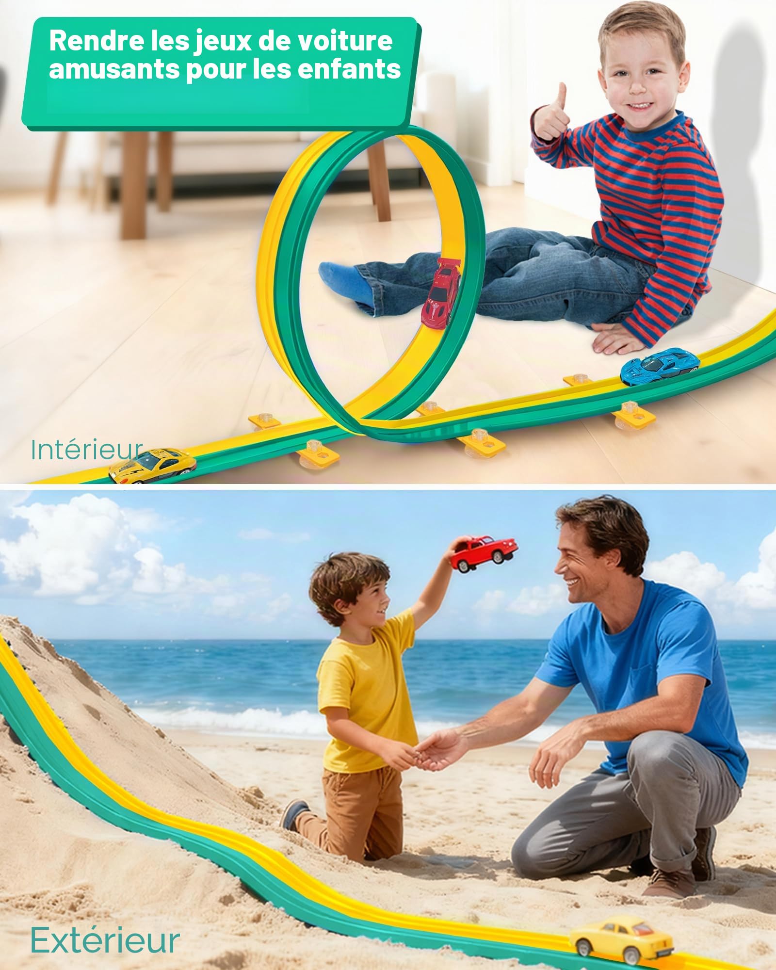 snookids Circuit de course flexible pour enfants de 3, 4, 5, 6 ans, 4,6 m, avec 4 voitures jouet, cadeau pour garçons et filles