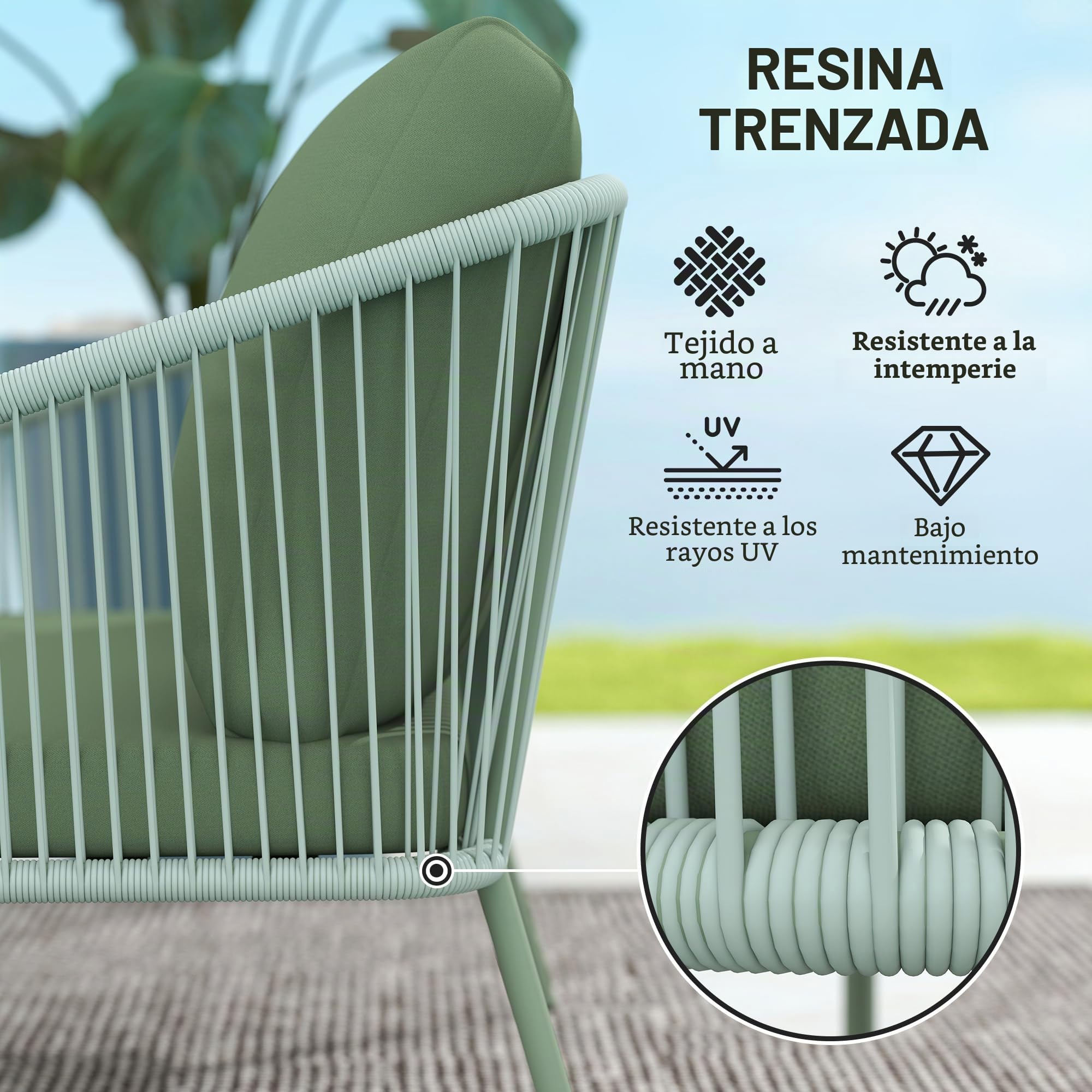 Outsunny Sofá de jardín de 2 plazas de resina trenzada con cojines, sofá exterior con reposabrazos, marco de acero para balcón, verde