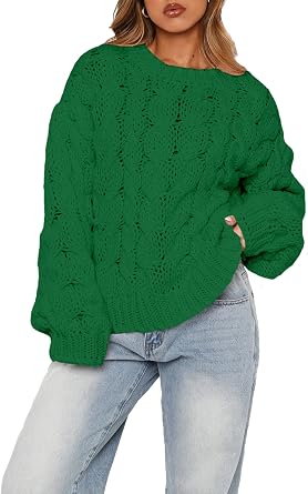 Womens Oversized Chunky Cable Knit Sweater Long Sleeve Crew Neck Crochet Fall Pullover Tops