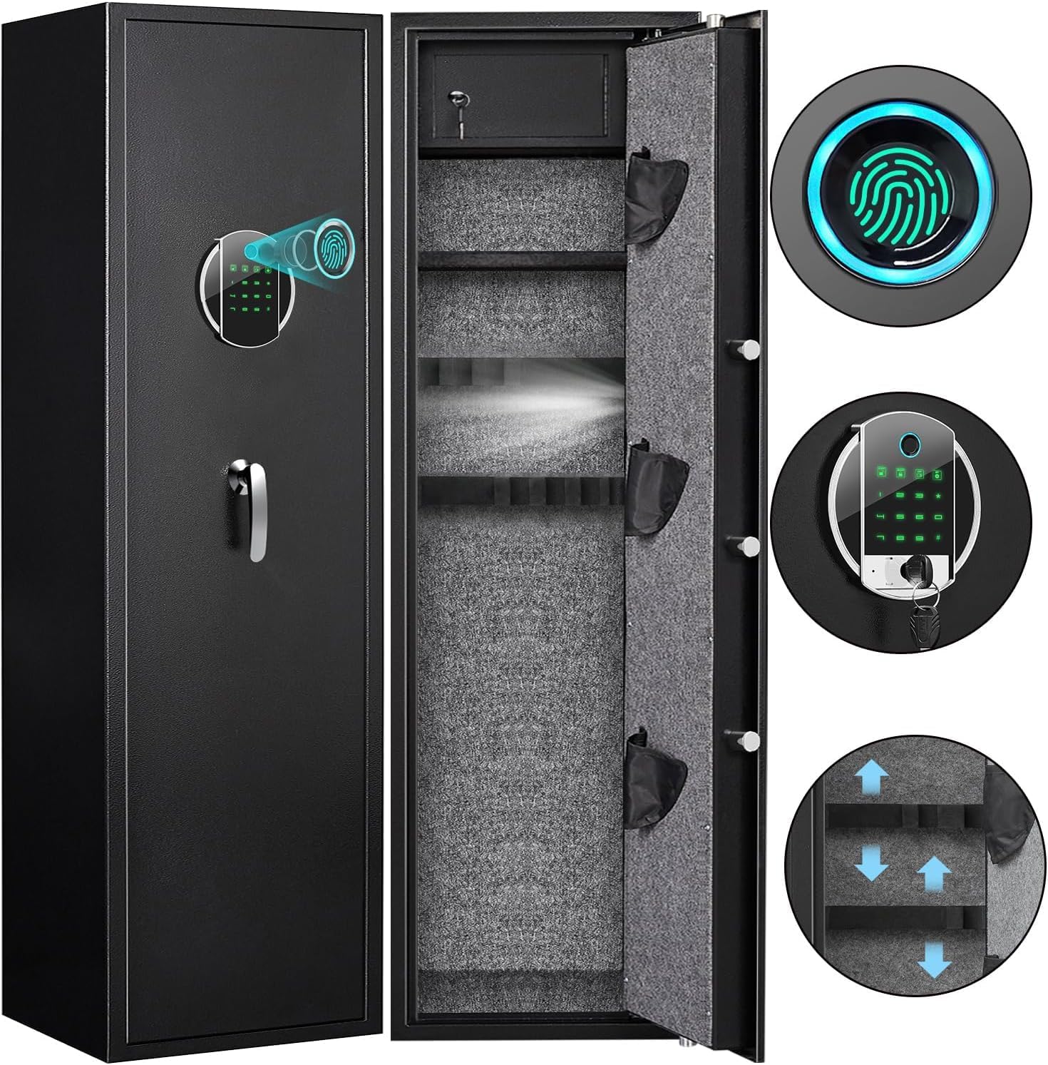 57.09‘’ Fireproof Gun Secure, Fast Entry 5 Gun Biometric Fingerprint Rifle Gun Secure, Gun Safes for House Rifle and Pistols with LCD Display screen Keypad and Silent Mode