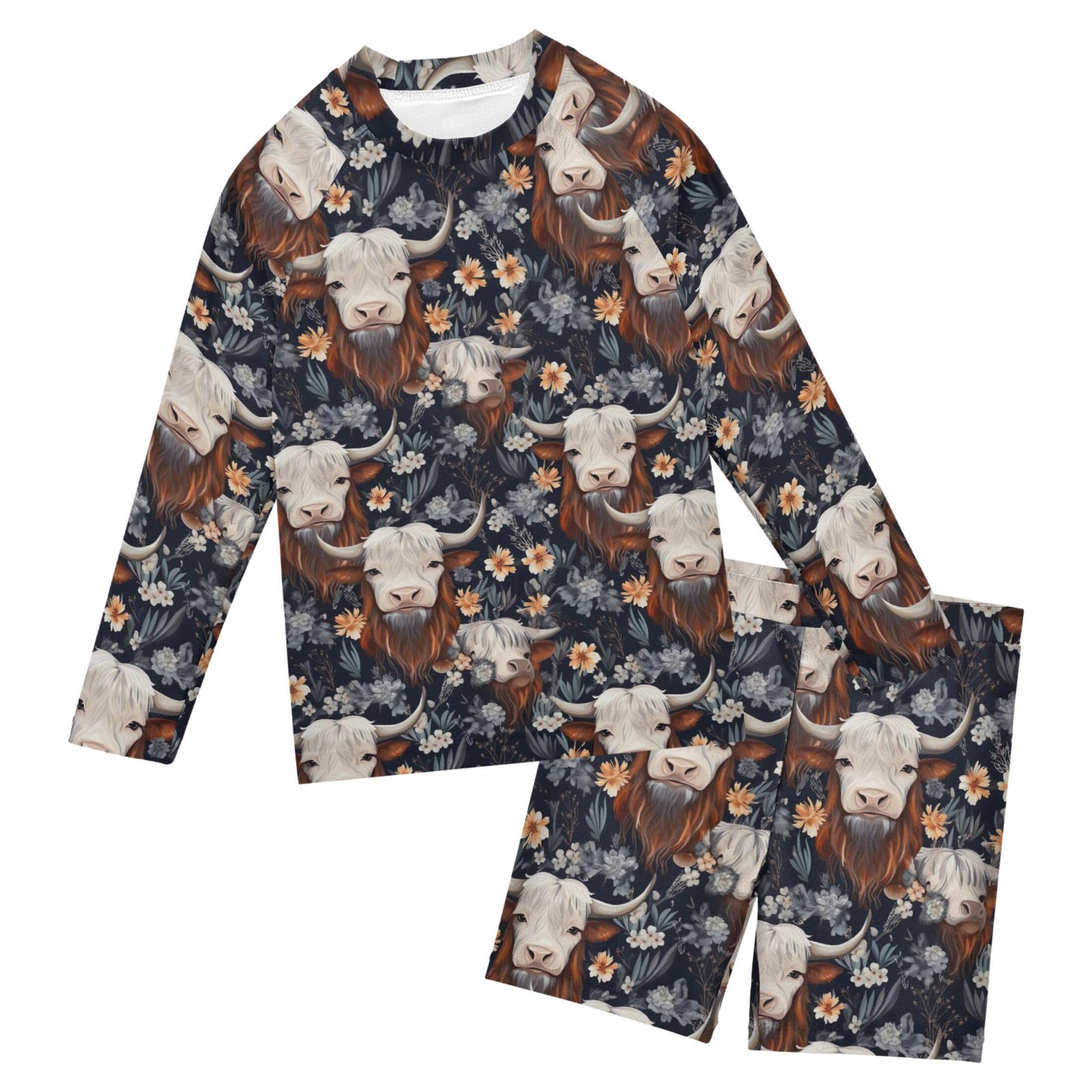 Highland Cow Flowers Animal Baby Boys' Toddler Long Sleeved Rashguard Swim Bathing Suit Set B0403266