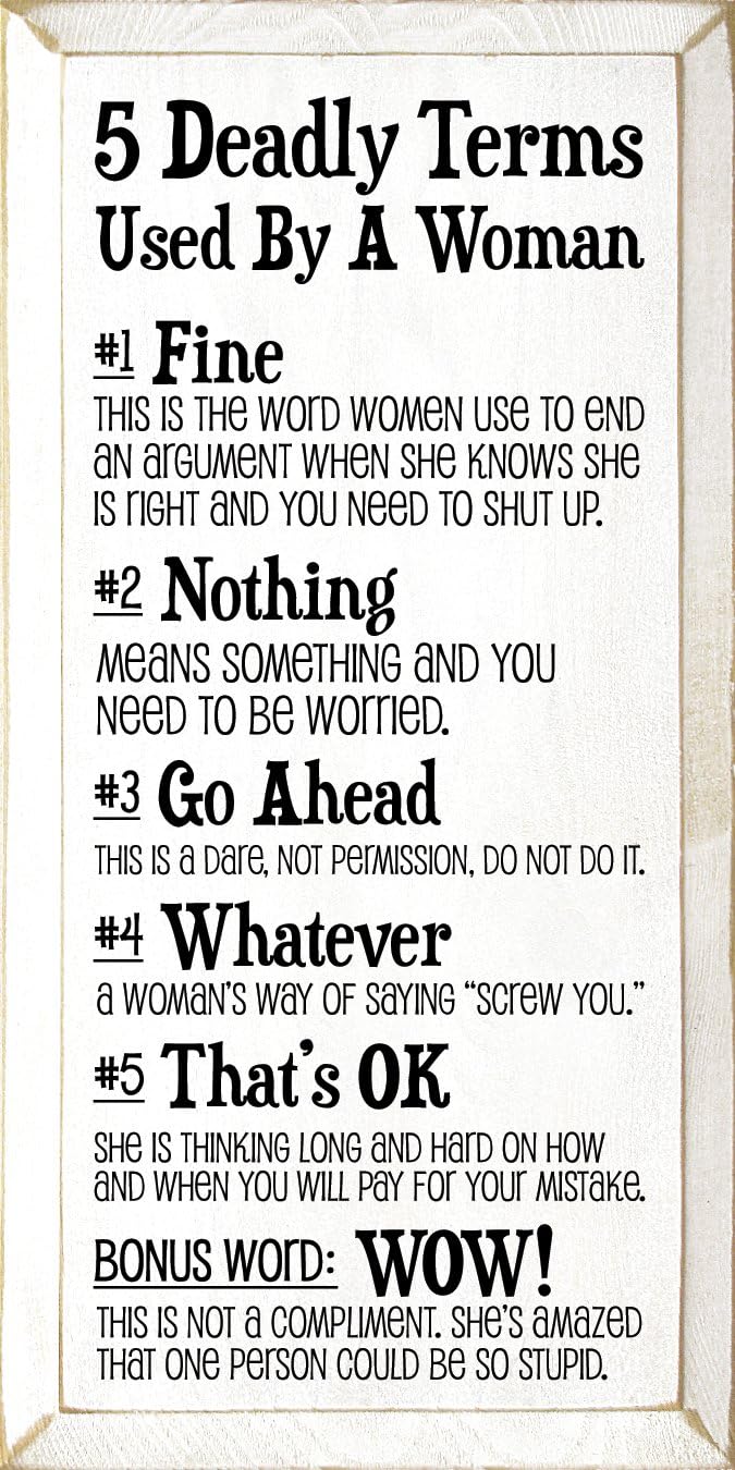 Wooden Sign - 5 Deadly Terms Used By A Woman: 1. Fine: This is the word women use (Black)