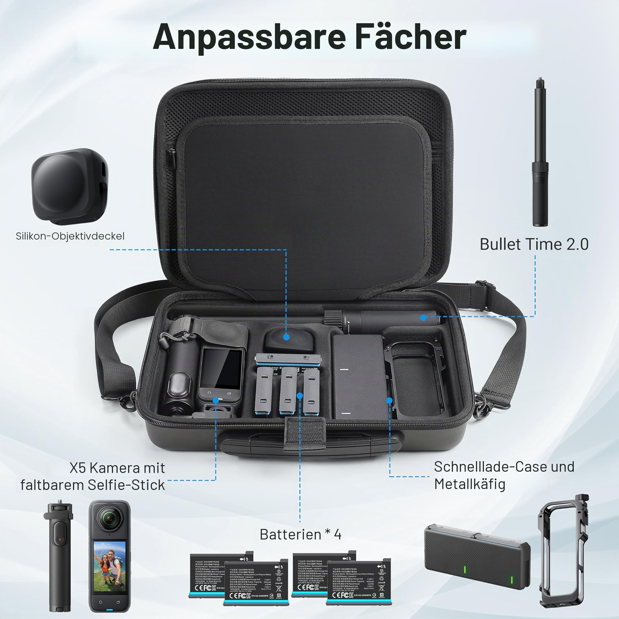 Tragetasche für Insta360 X5, große Kapazität, wasserdichte Reisetasche, Schutzhülle für Insta 360 X5 Zubehör, für Metallkäfig, Lade-Hub, Bullet Time 2.0, faltbarer Selfie-Stick