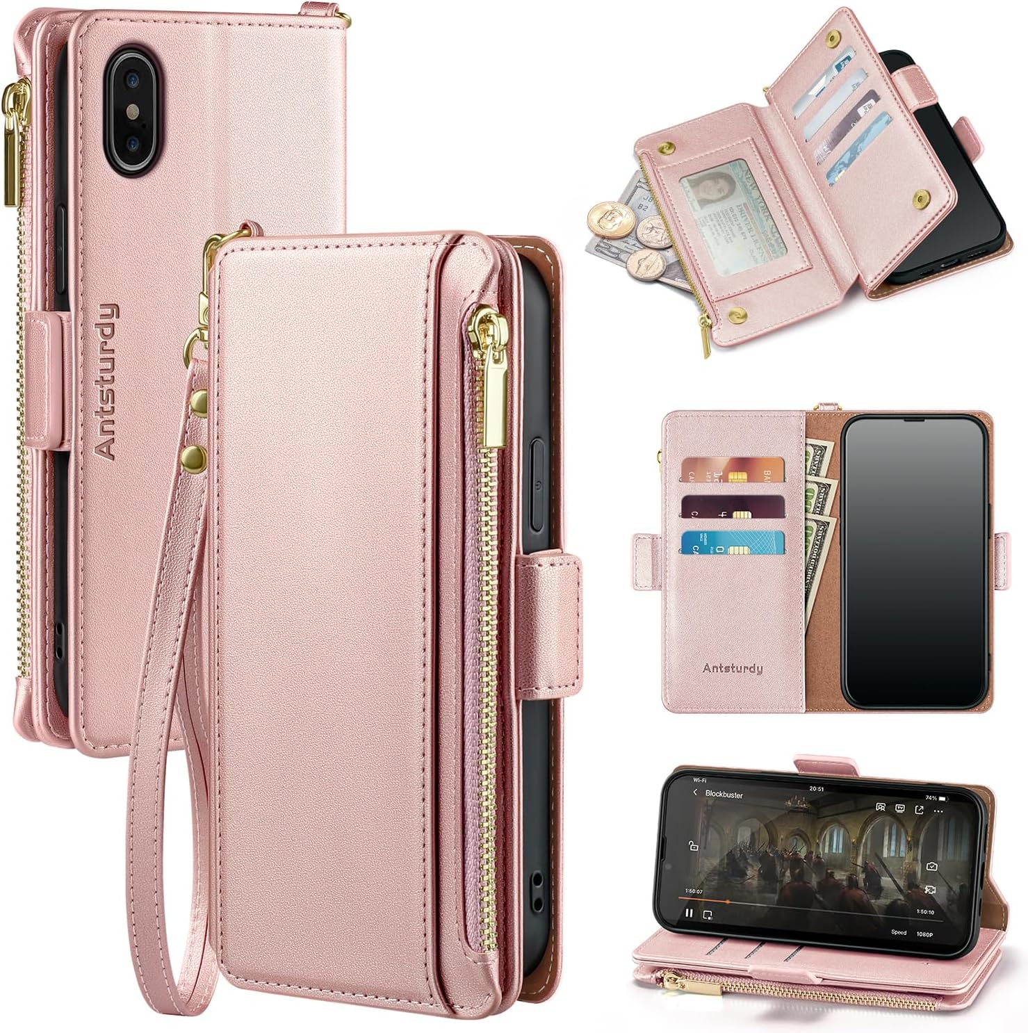 Antsturdy Compatible with iPhone Xs Max Wallet Case,RFID Blocking PU Leather Phone Case Women Men Flip Protective Cover Wrist Strap Zipper Pocket Credit Card Holder Slots,for Apple XS Max,Rose Gold
