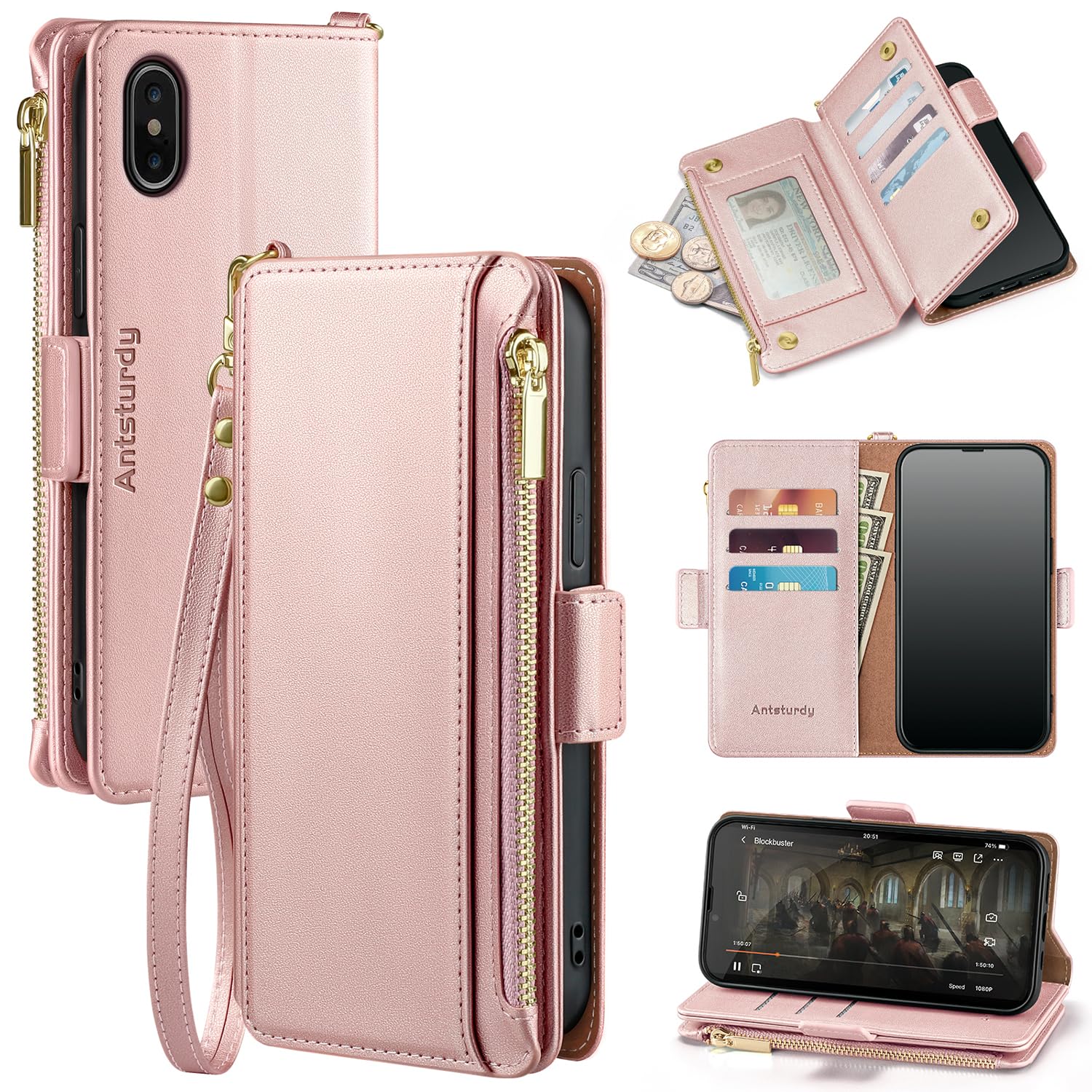Antsturdy for iPhone Xs Max case Wallet Women with Card Holder, PU Leather?RFID Blocking? iPhone Xs Max Phone case Men Flip Folio Shockproof Cover with Strap Zipper Credit Card Slots,Rose Gold