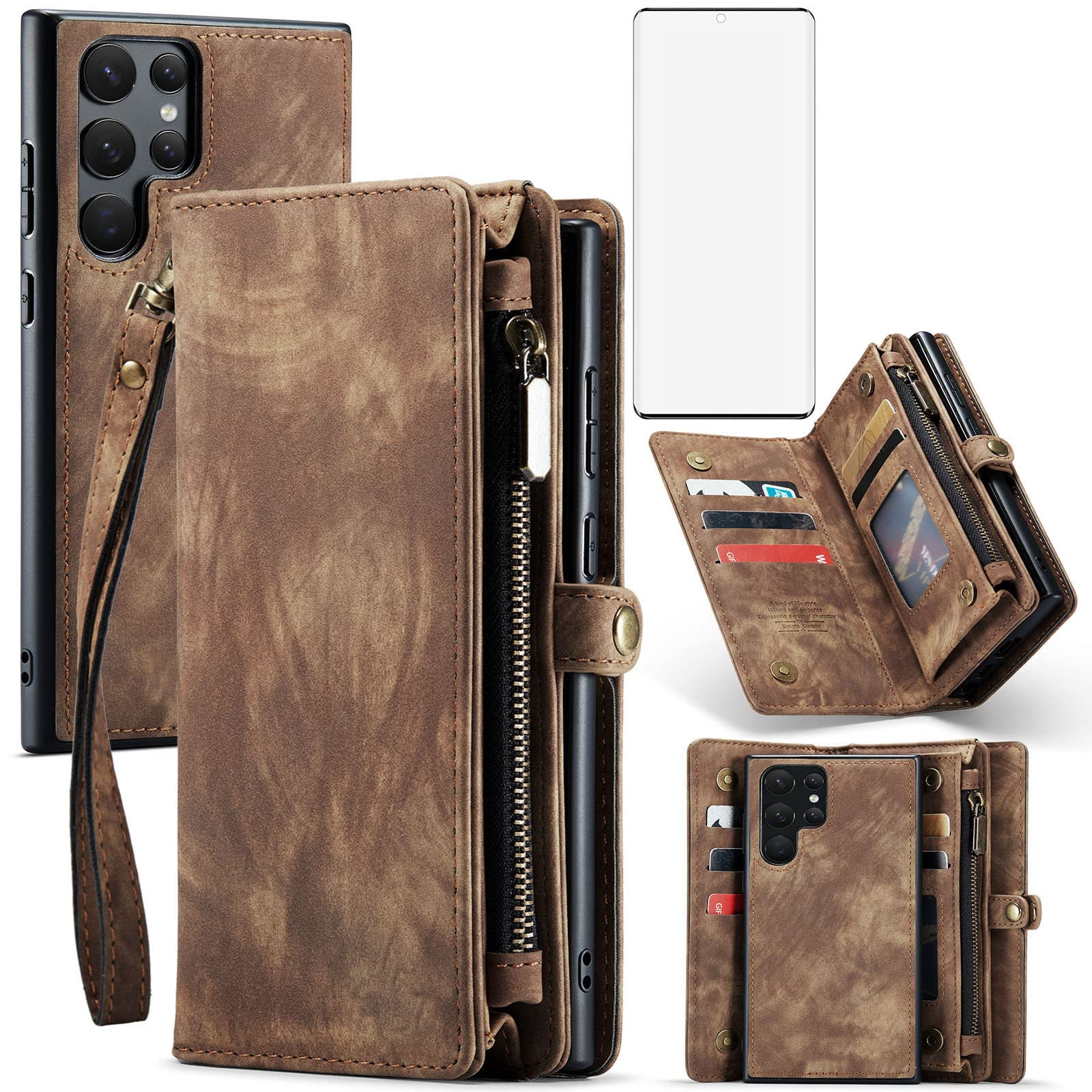 Asuwish Phone Case for Samsung Galaxy S22 Ultra 5G Zipper Wallet Cover with Tempered Glass Screen Protector and Flip Card Holder Cell Accessories Gaxaly S22ultra 22S S 22 22ultra G5 Women Men Brown