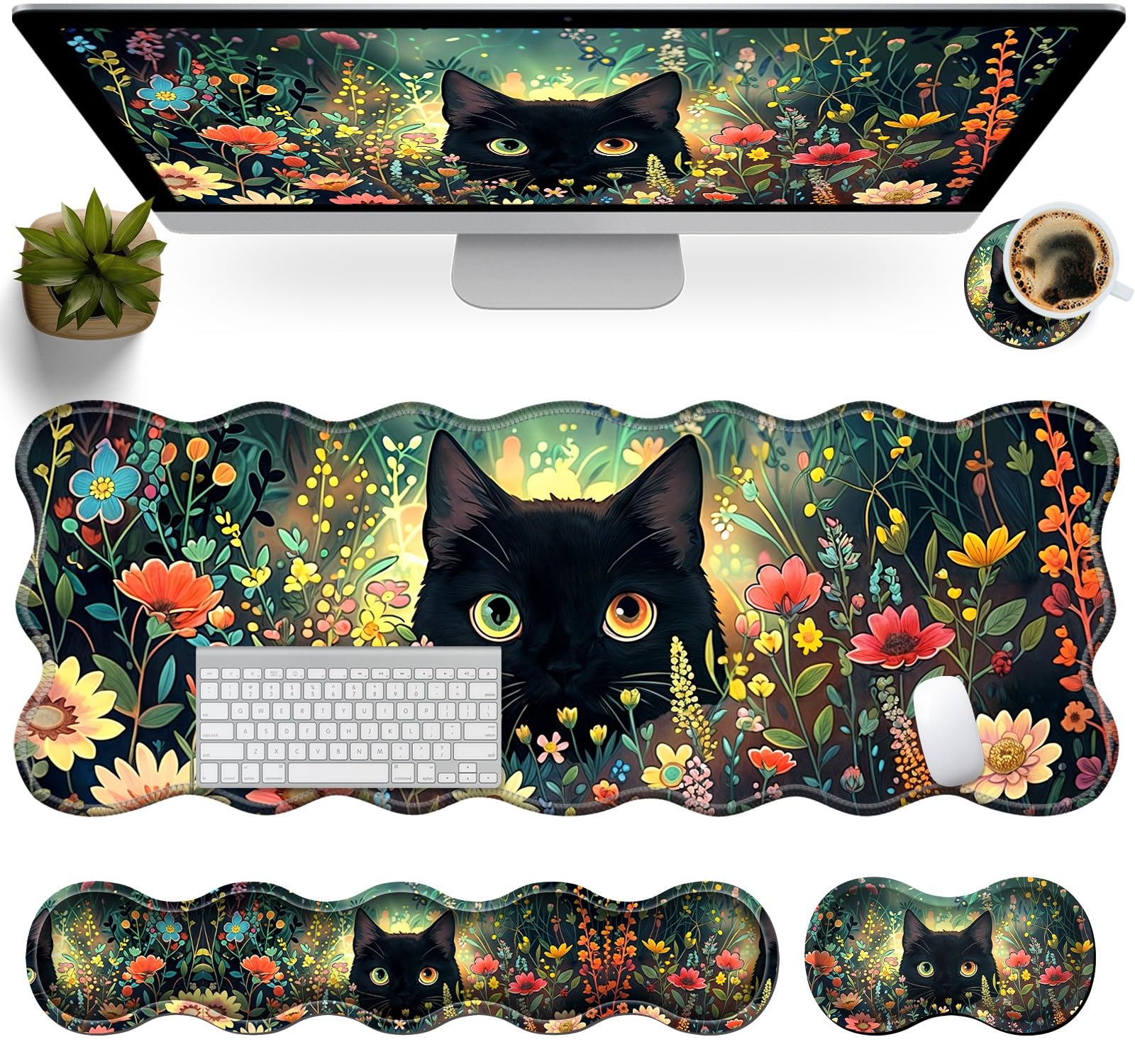 AIRWEE XXL Gaming Mouse Pad Set, 31.5"x11.8" Large Desk Mat with Keyboard Wrist Rest and Mouse Wrist Cushion, Ergonomic Office Mouse Pad for Home & Work Non-Slip Extended Desk Pad, Cute Flowers Cat