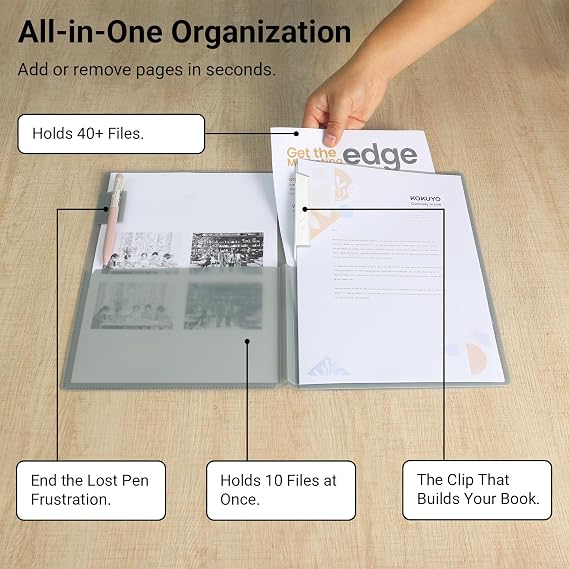 Kokuyo Portfolio Folder with Pockets Folder for Paper Organization,Heavy Duty Pocket Folder Fits US Letter & A4,Flip & Write Surface,Dual-Purpose Clip & Pocket Design(FU-CEH755P)