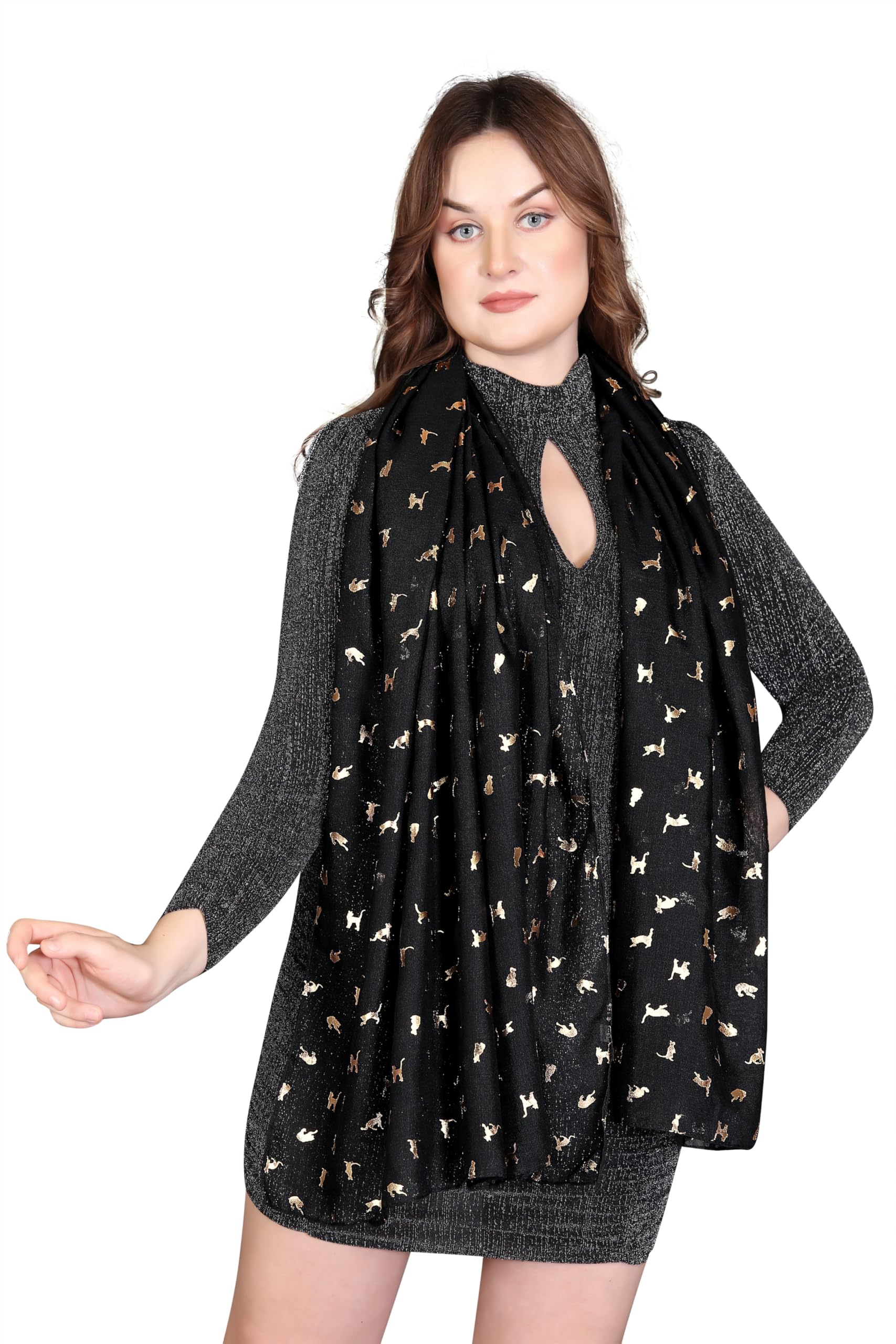 London Scarfs Cute Cat Pattern Printed Scarf Shawl Wraps Lightweight Long Soft Scarves For Women (Glitter Cat Black)