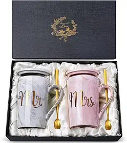 Biching Presentes de casamento para casais 2026, presentes para chá de panela, noivado, aniversário de noiva e noivo, conjunto de canecas de mármore de cerâmica de 400 ml com folha de ouro real