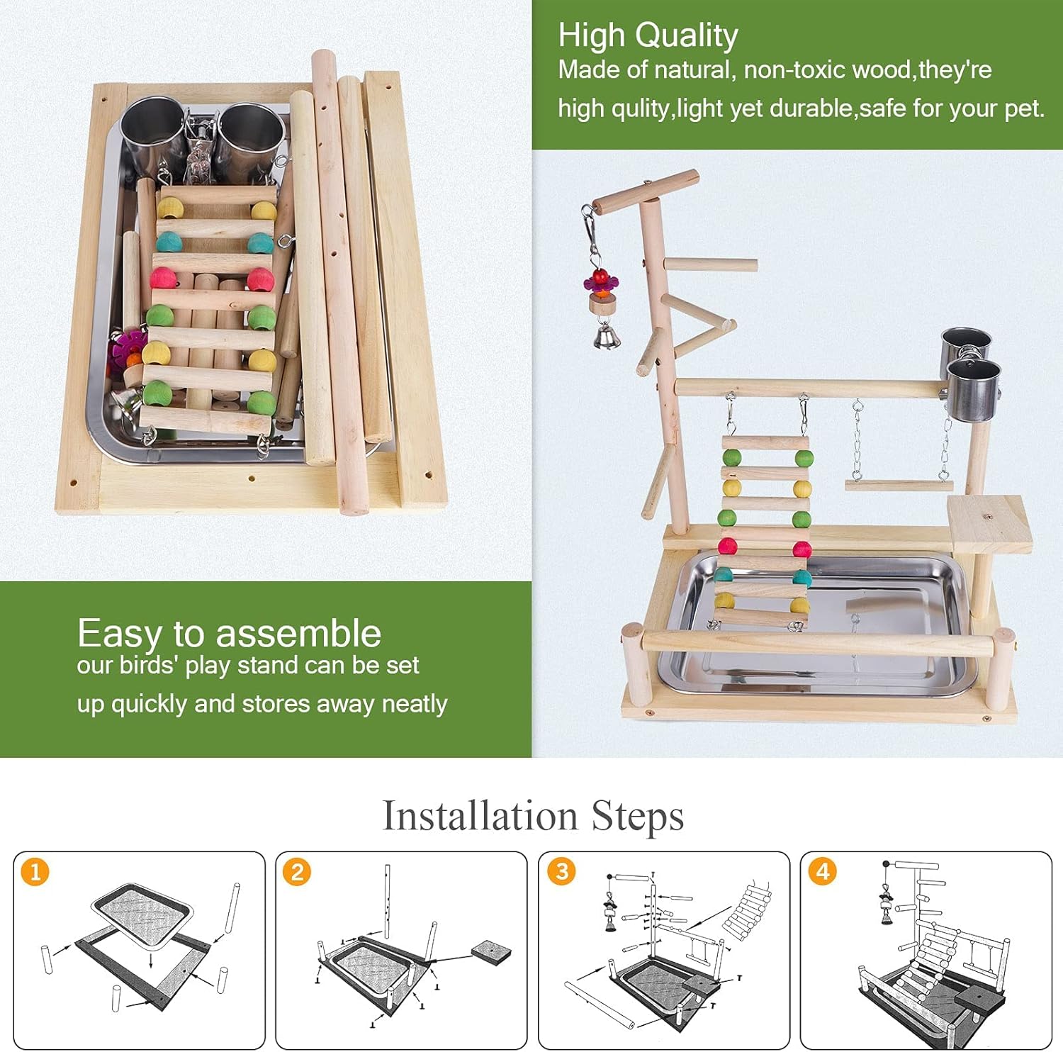 Bird Playground, Parrot playstand, Bird Play Stand, Parakeet Playground, Wood Perch Gym Playpen Ladder with Feeder Cups Toys Exercise Play