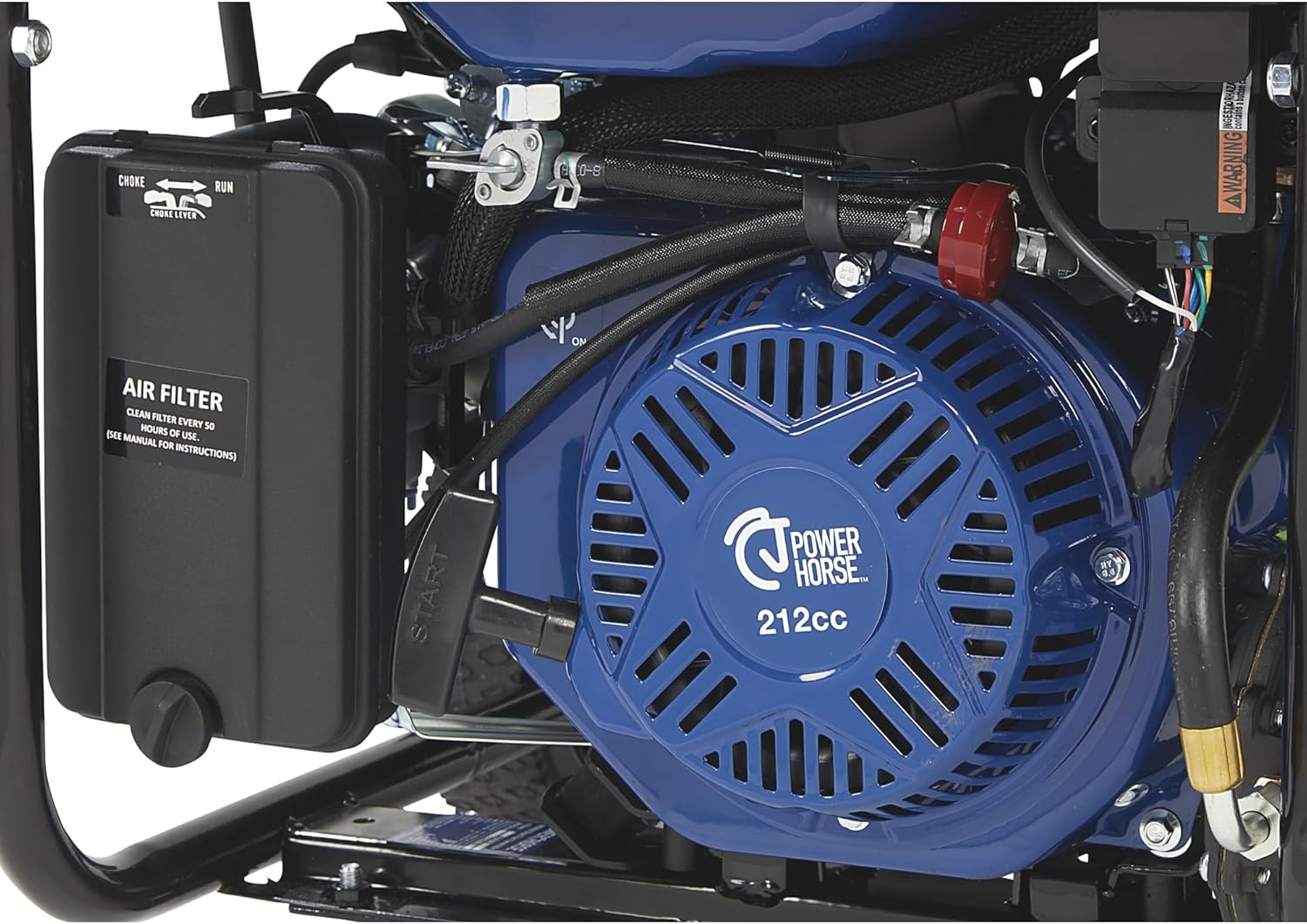 Close-up of the generator engine with oil fill cap and dipstick location