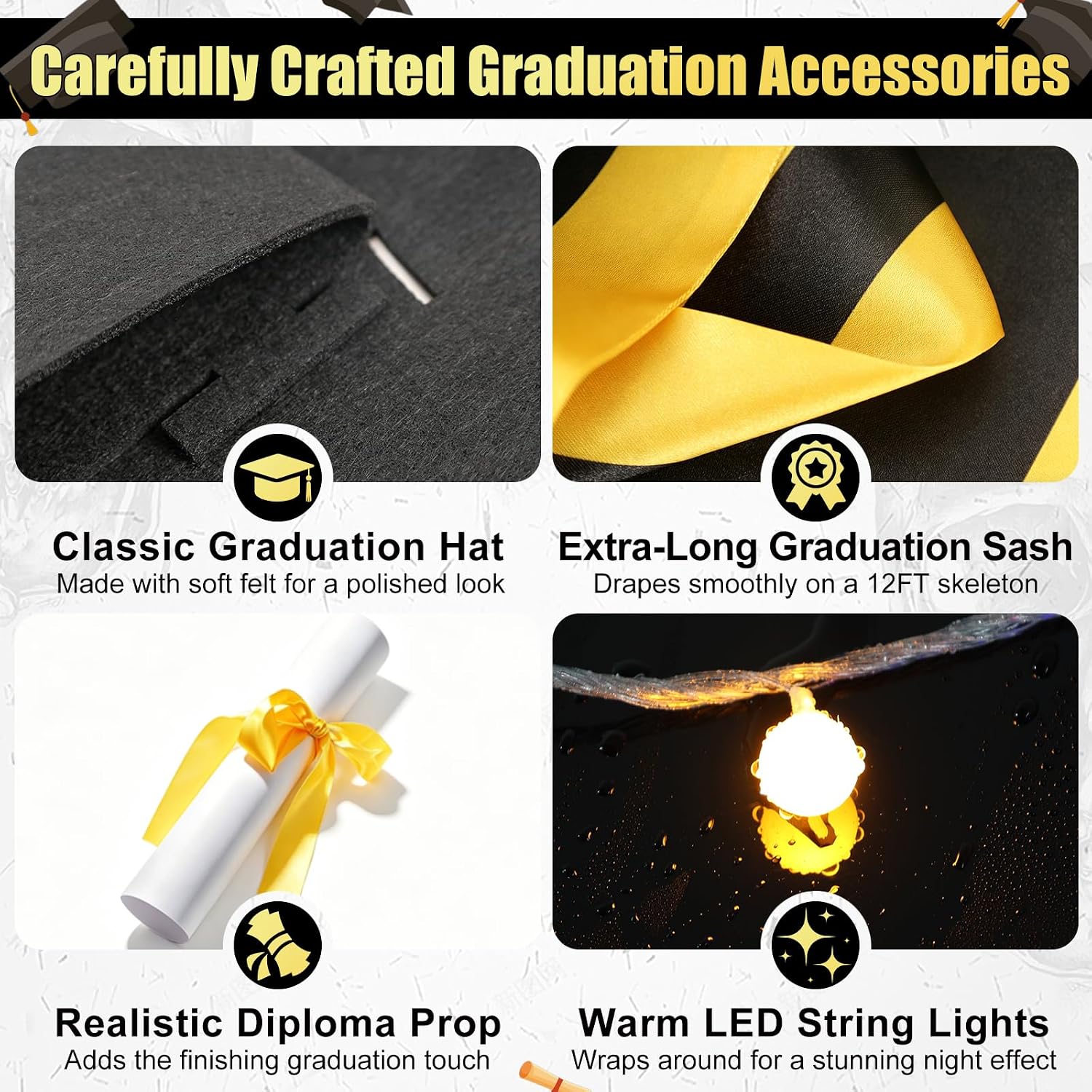 12FT Skeleton Graduation Outfit, Giant Skeleton Clothes Accessories with LED String Lights, Class of 2026 Grad Cap & Tassel, Outdoor Yard Decoration for School & College Grad Party, Skull Not Included