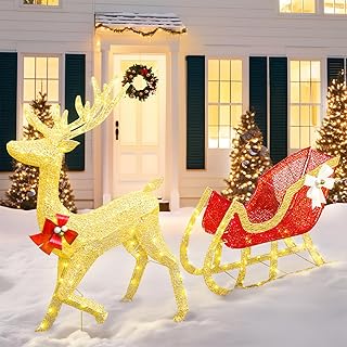 MIERES 4 FT Lighted Reindeer Sleigh Christmas Decorations, Outdoor Yard Decoration Set with 205 LED & Stakes, Pre-lit Xmas Lighted Outdoor Decoration for Holiday Yard Patio Lawn Garden