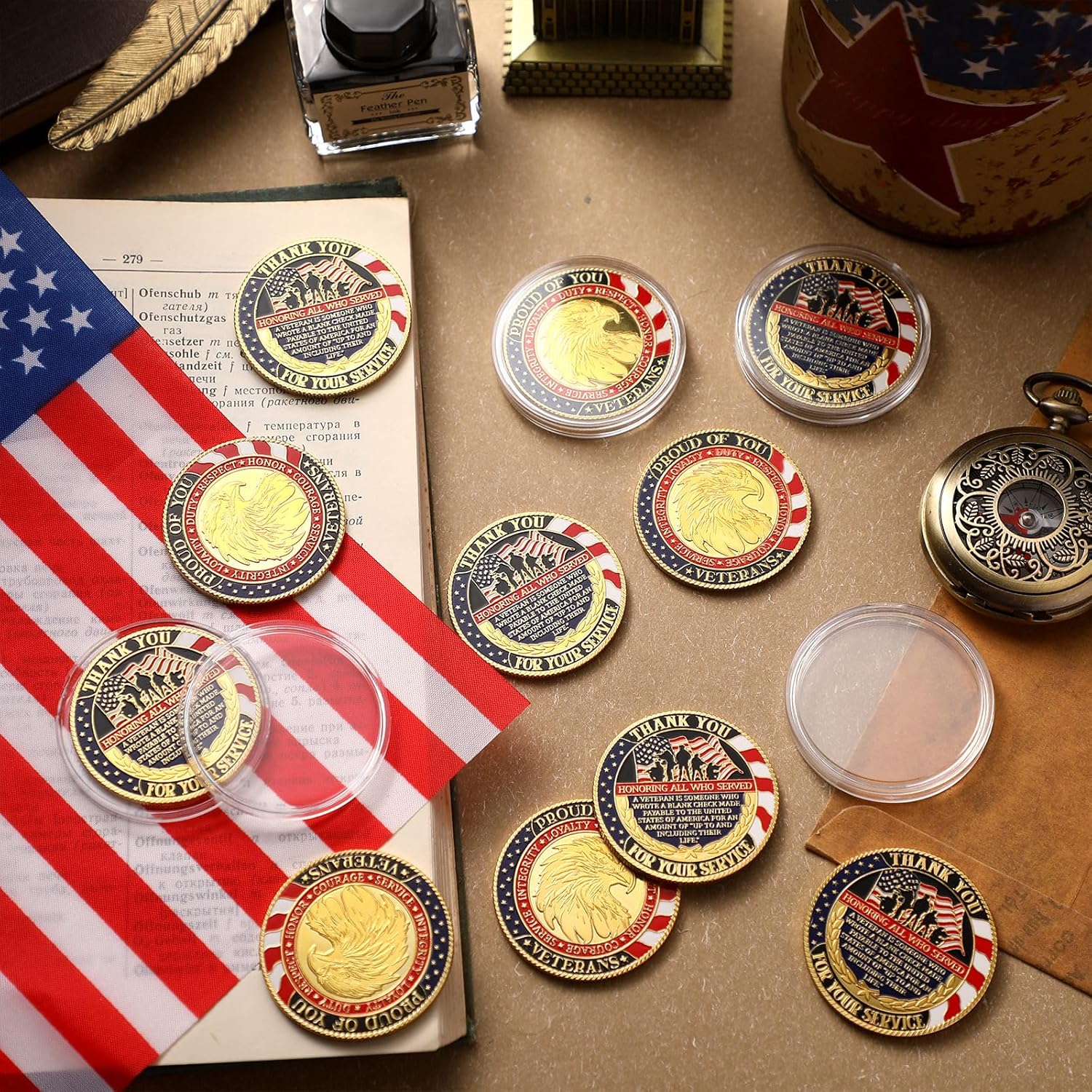 48 Pcs Veteran Challenge Coin 4 of July Independence Day Patriotic Coin Gold Put on the Whole Armor of God Thank You Round Commemorative Coins Christian Prayer Military Church(Veteran)