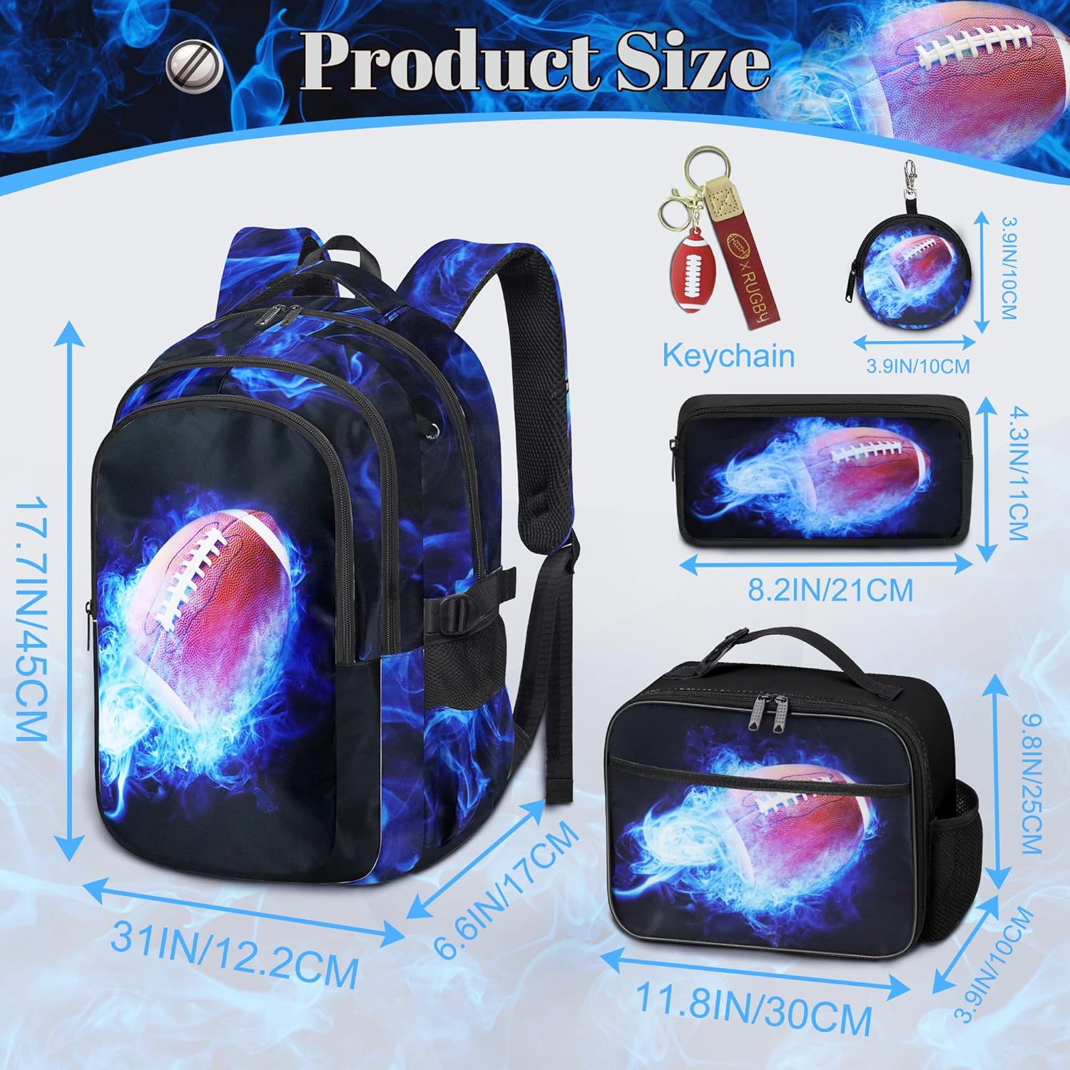 Boys American Football Backpack with Lunch Box, Kids Backpack Set for School, 17inch Bookbag with Pencil Case Coin Purse Blue