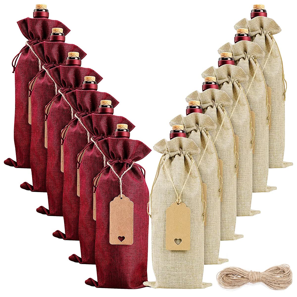 ScentedMOON Wine Bottle Gift Bags, 12-Pack Reusable Alcohol Champagne Gifting Wrapping Covers with Drawstring for Birthday, Wedding, Christmas, Holiday Party or Home Storage - Brown & Burgundy Red