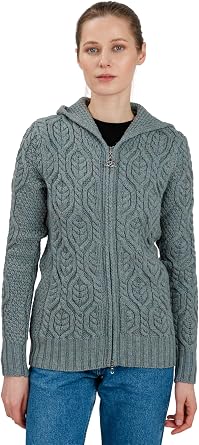 SAOL Womens Hooded Zip Cardigan Pure Merino Wool Irish Sweater Warm & Breathable Outer Layer