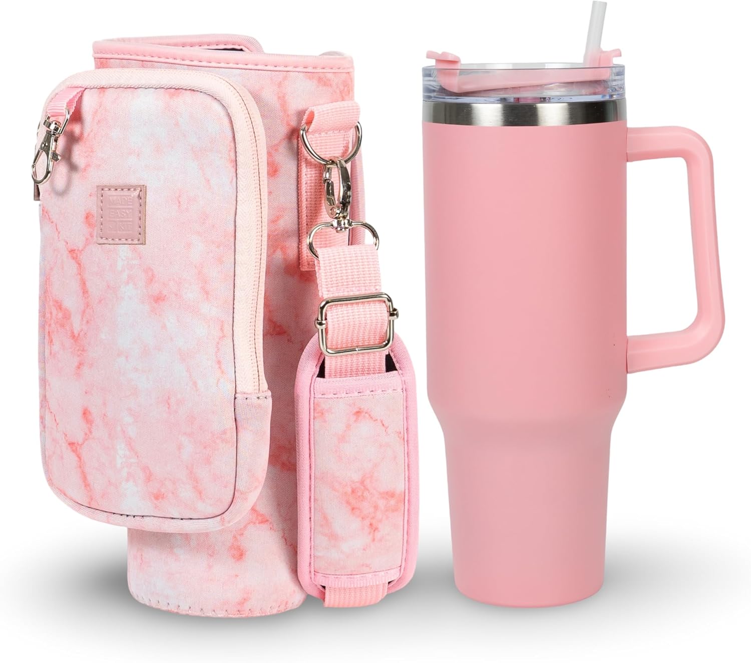 Made Easy Kit Cup Tumbler & Carrier Cell Pocket - Water, Tea, Coffee, Juice - Neoprene Sleeve Pouch Shoulder Strap - Stainless Steel Vacuum Insulated Bottle, Lid, Straw, Carabiner (Black, 40oz)