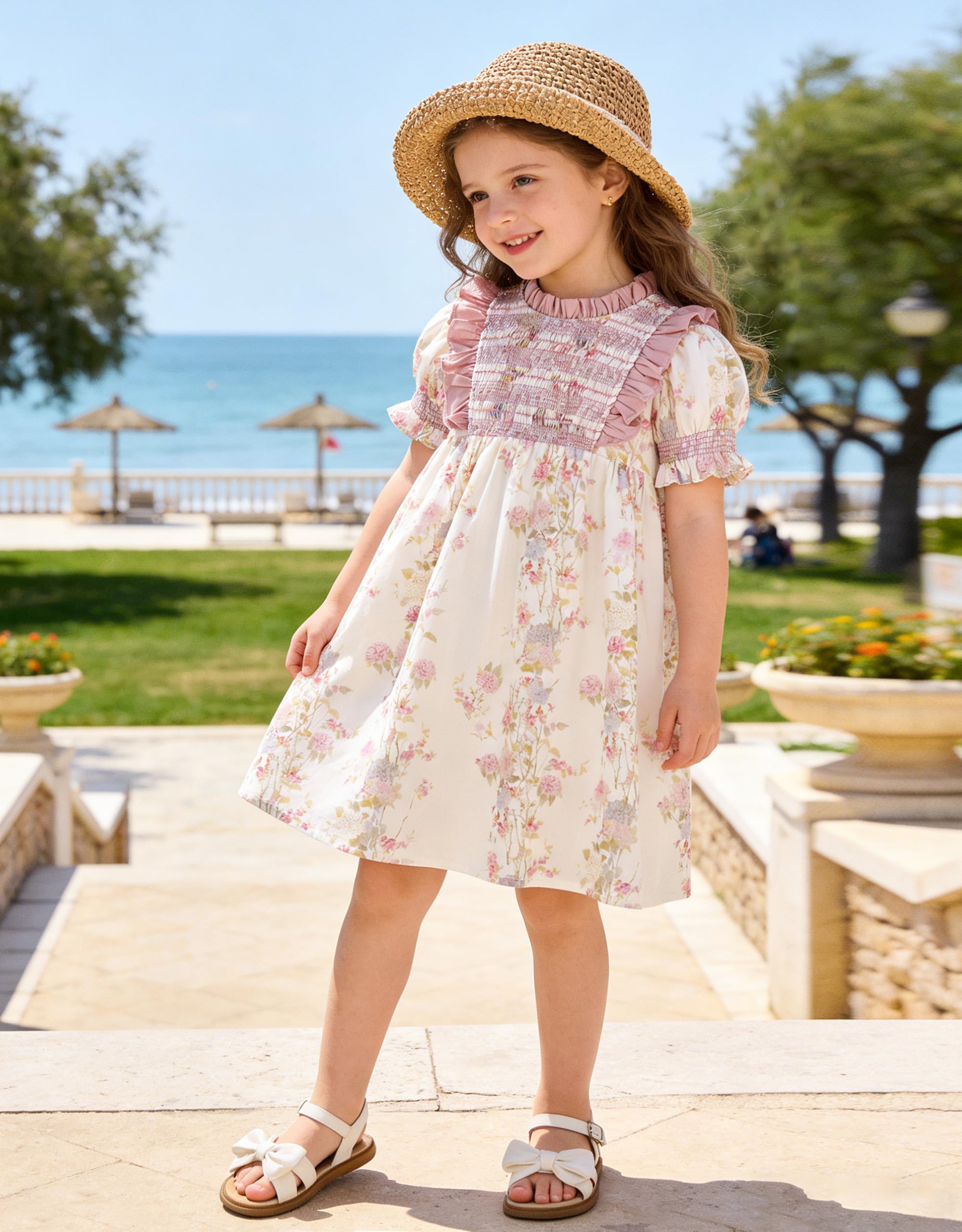 Miipat Vestidos de Algodón para Niñas, Vintage Vestidos Estampado Floral Fruncidos de Verano Mangas Abullonadas y Cuello Peter Pan Vestido Casuales para Niños