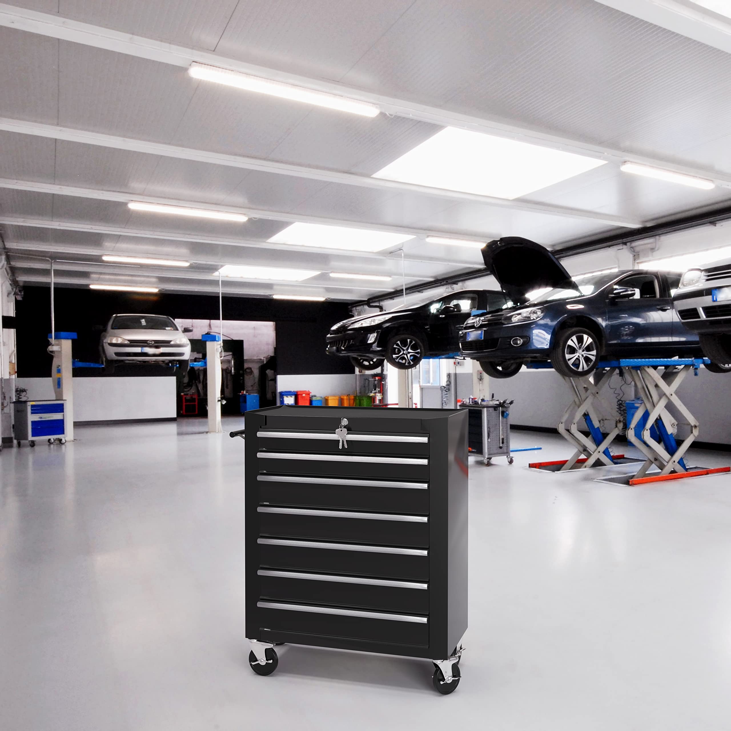 Carrello Da Officina Con 7 Scomparti In Metallo Cassetti Con Serratura Centralizzata Rivestimento Antiscivolo E Ruote Con Freno Di Stazionamento Porta Attrezzi 77.5 x 33 x 70 Cm (Nero)