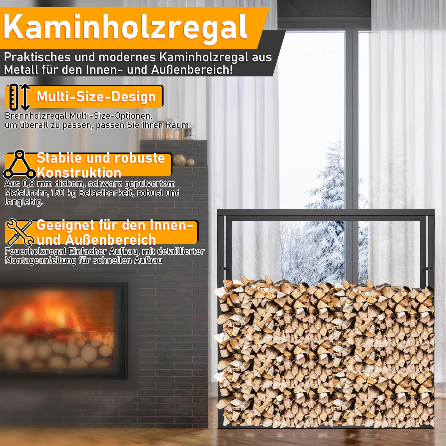 Regał na drewno kominkowe do wewnątrz i na zewnątrz, metalowy stojak do układania w stos do kominka i pieca, 100 x 25 x 100 cm