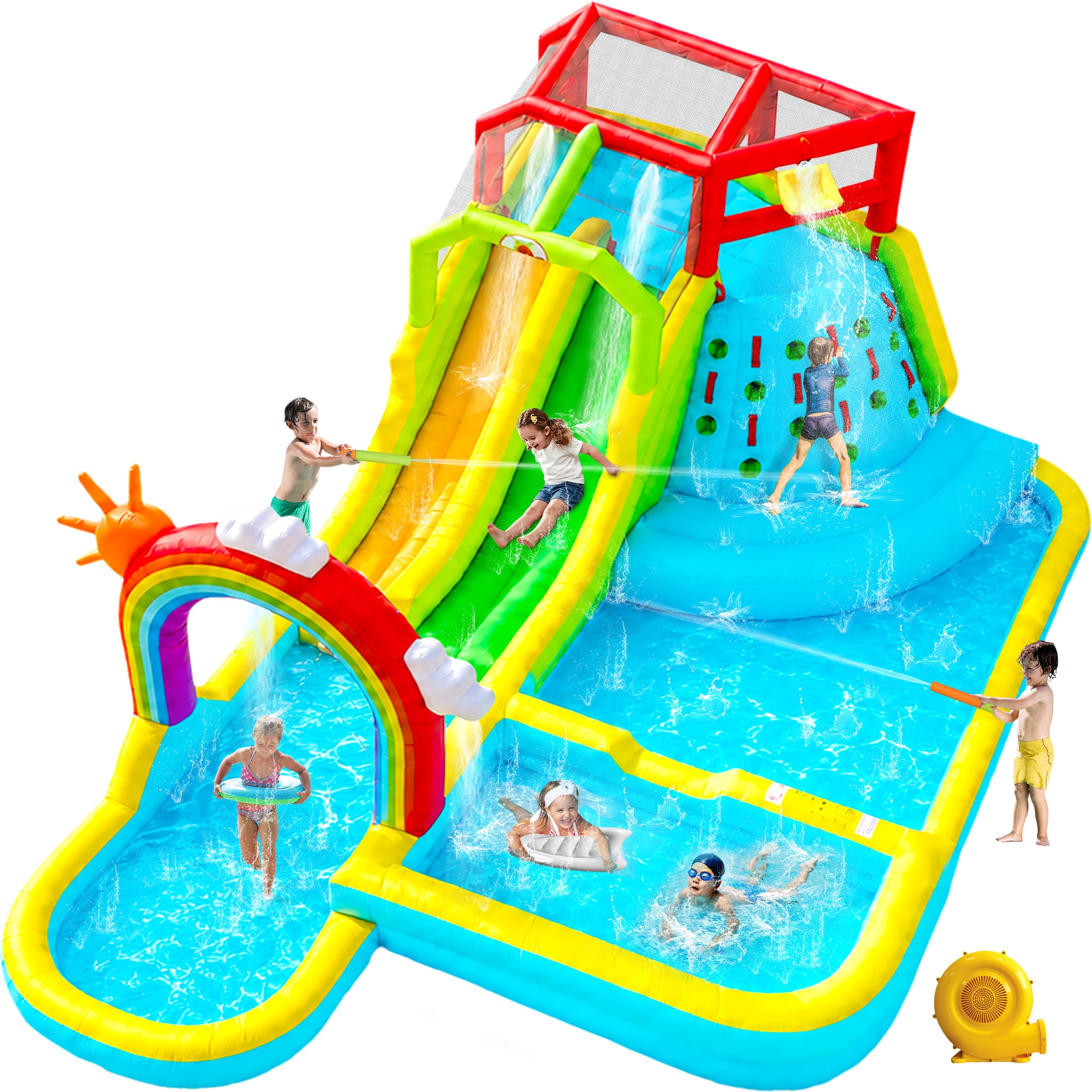 Photo 1 of WELLFUNTIME Inflatable Water Slide, 8 in 1 Blow Up Water Park Aged 3-10, Bounce House with Double Long Slides, 650W Blower Waterslide for Kids Backyard